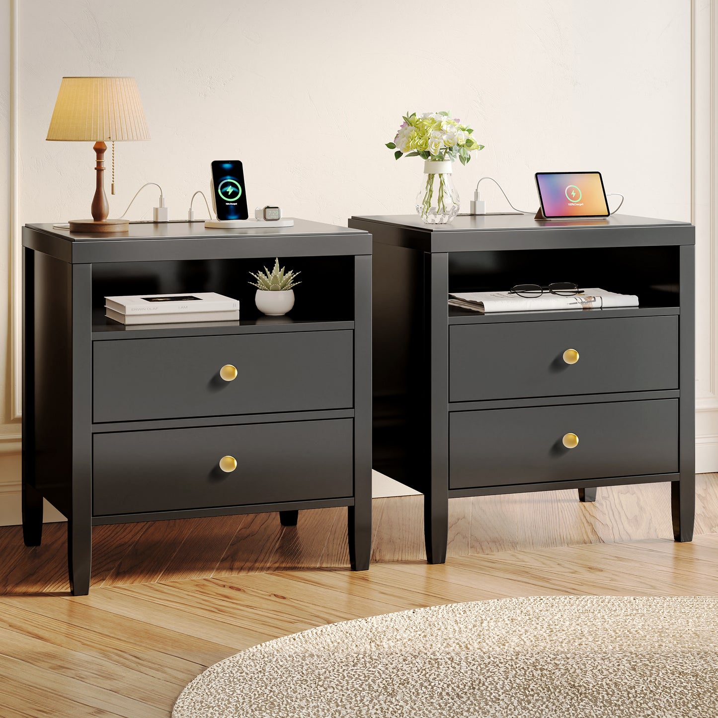 Huuger Black Nightstand Set of 2, Night Stand with Charger Station, Bedside Table with 2 Drawers, Bed Side Tables for Bedroom, Modern Nightstands, Metal Knobs, Painted Surface