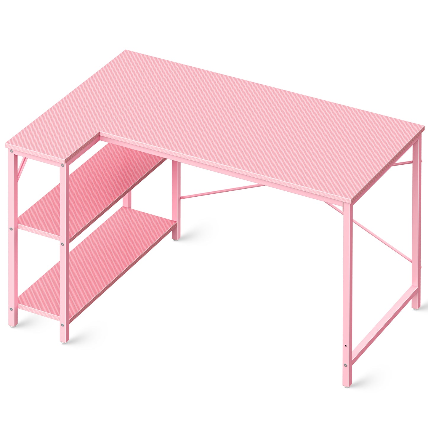 L Shaped Computer Desk with Reversible Storage Shelves, Gaming Corner Desk for Home Office, Writing Study Desk with Metal Frame, Pink