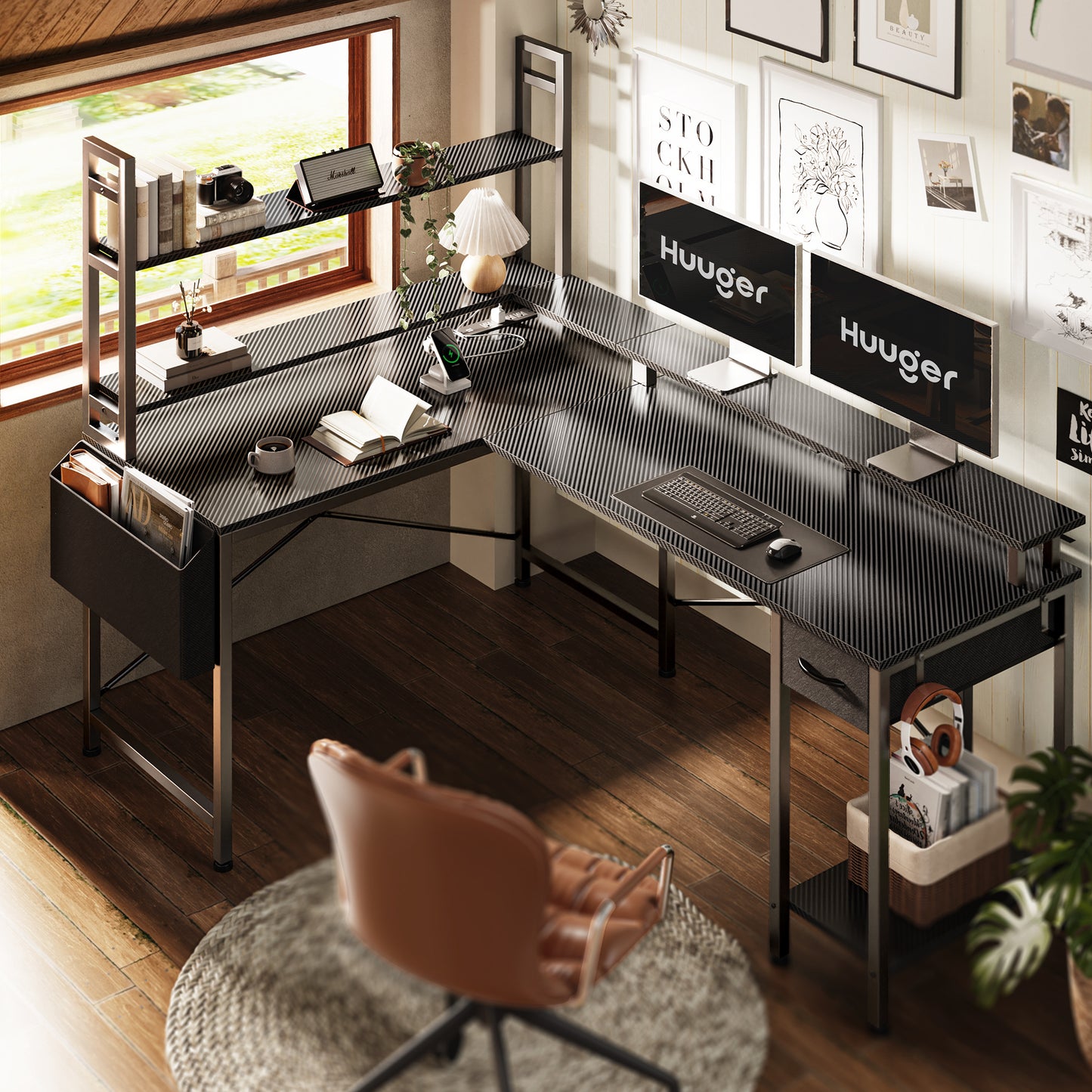 Huuger L Shaped Desk Gaming Desk with LED Lights & Power Outlets, Computer Desk with Storage Shelves, Carbon Fiber Black