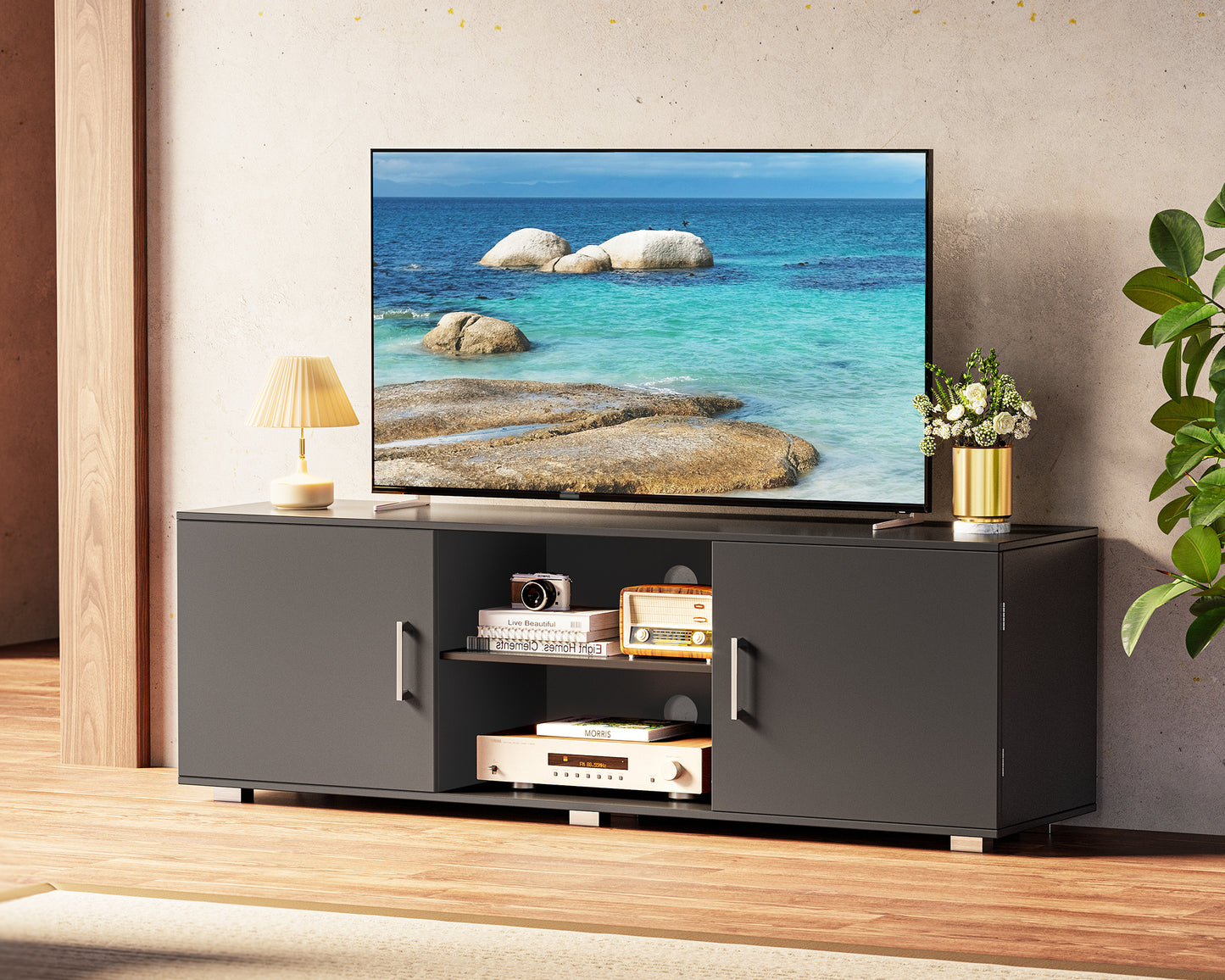 Huuger TV Stand for 55 Inch TV, Entertainment Center with Storage, 2 Cabinets, TV Console Media Cabinet with 6 Cable Holes, Black TV Stand for Living Room, Bedroom