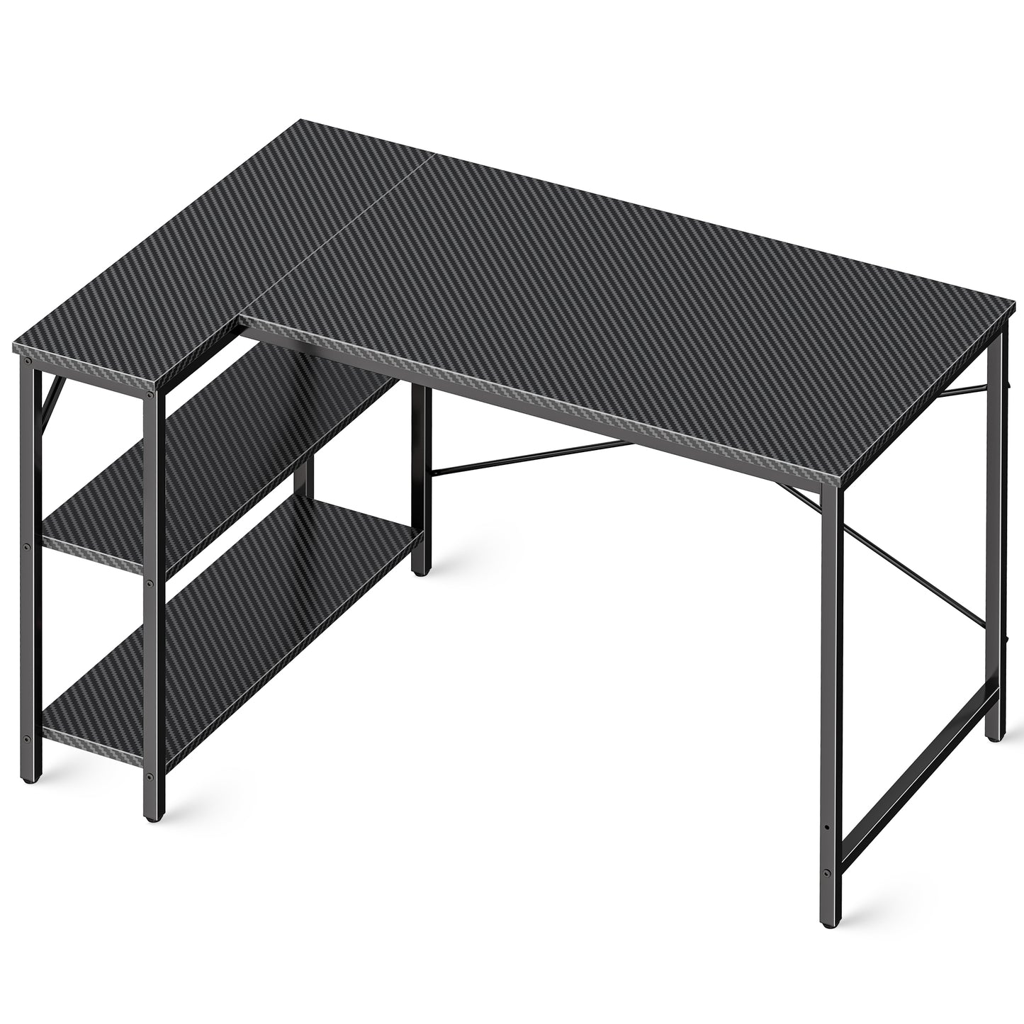 L Shaped Computer Desk with Reversible Storage Shelves, Gaming Corner Desk for Home Office, Writing Study Desk with Metal Frame, Carbon Fiber Black