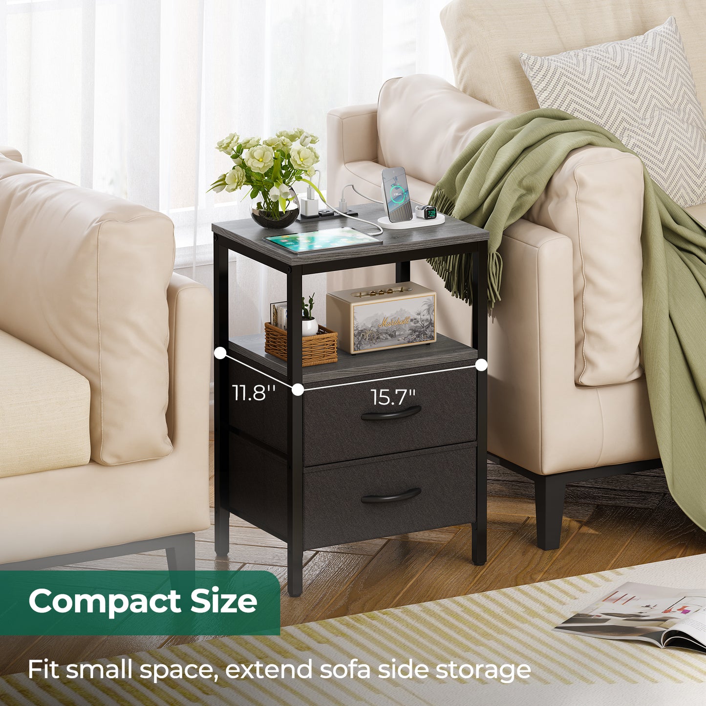 Huuger Nightstand with Charging Station, Side Table with Fabric Drawers, Open Shelf, Bedside Table with USB Ports and Outlets, Charcoal Gray