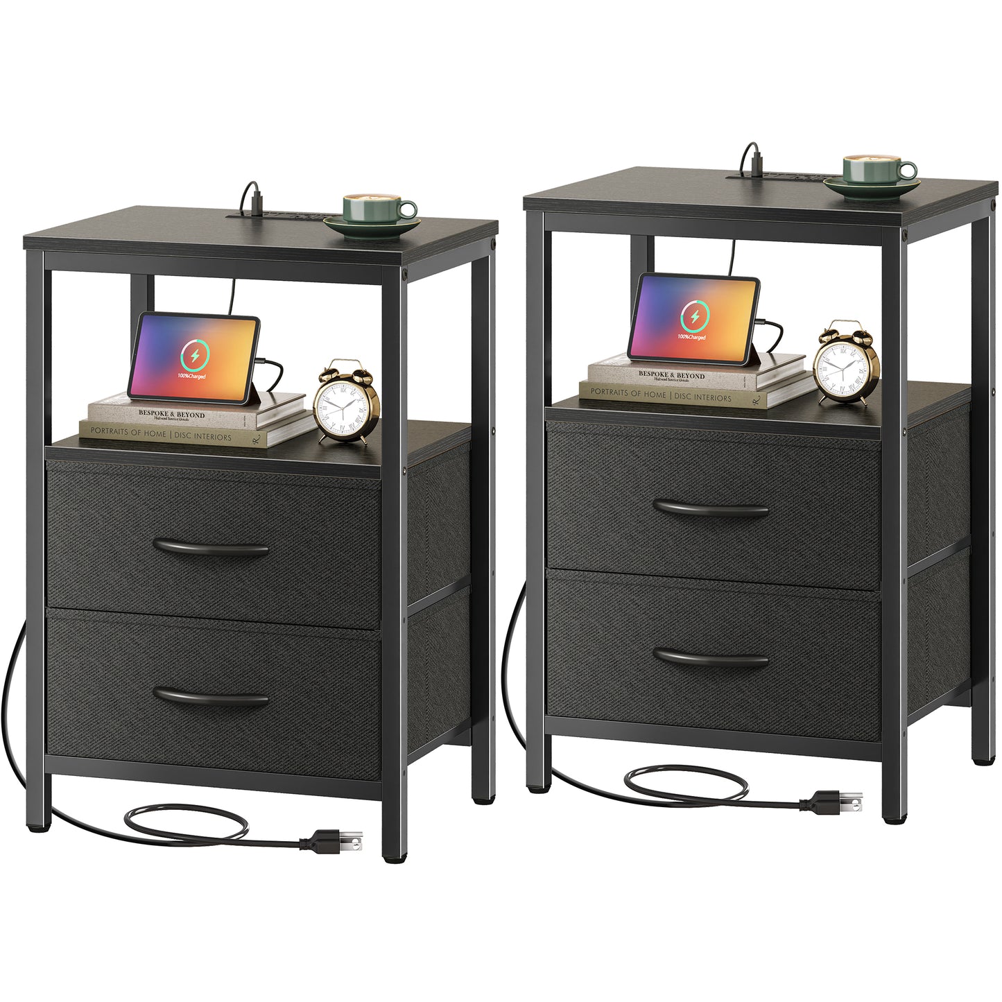 Huuger Nightstands Set of 2, End Tables with Charging Station, Side Tables with Fabric Drawers, Bedside Tables with USB Ports and Outlets, Night Stands for Bedroom, Black