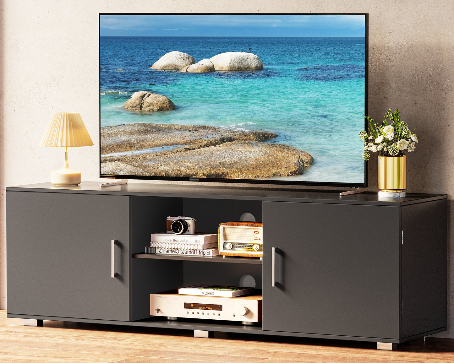 Huuger TV Stand for 55 Inch TV, Entertainment Center with Storage, 2 Cabinets, TV Console Media Cabinet with 6 Cable Holes, Black TV Stand for Living Room, Bedroom