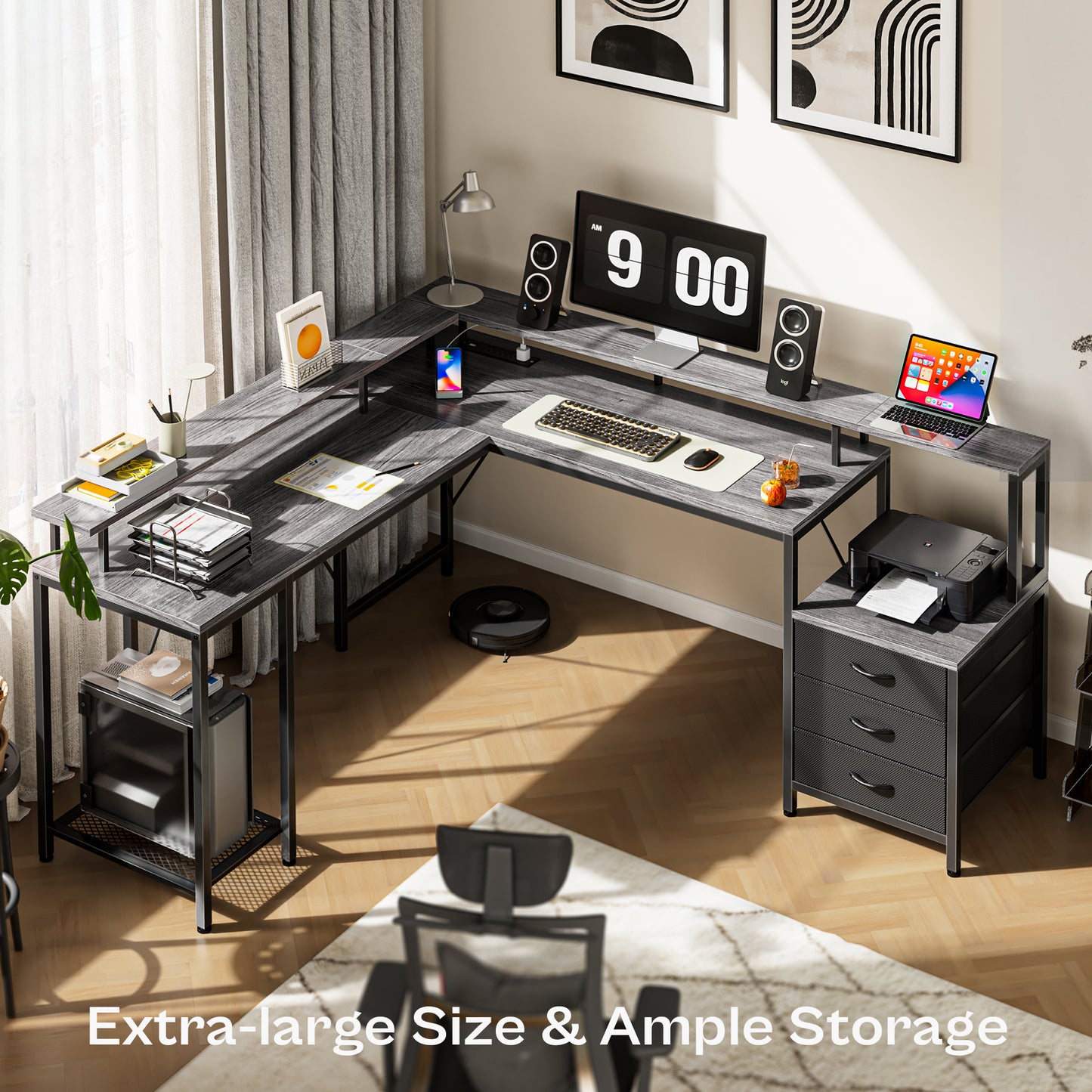 Huuger L Shaped Gaming Desk with LED Lights and Power Outlets, Computer Desk with 3 Drawers, 66.1 Inches Corner Desk, Home Office Desk with Printer and Monitor Stand, Large Storage Space, Grey