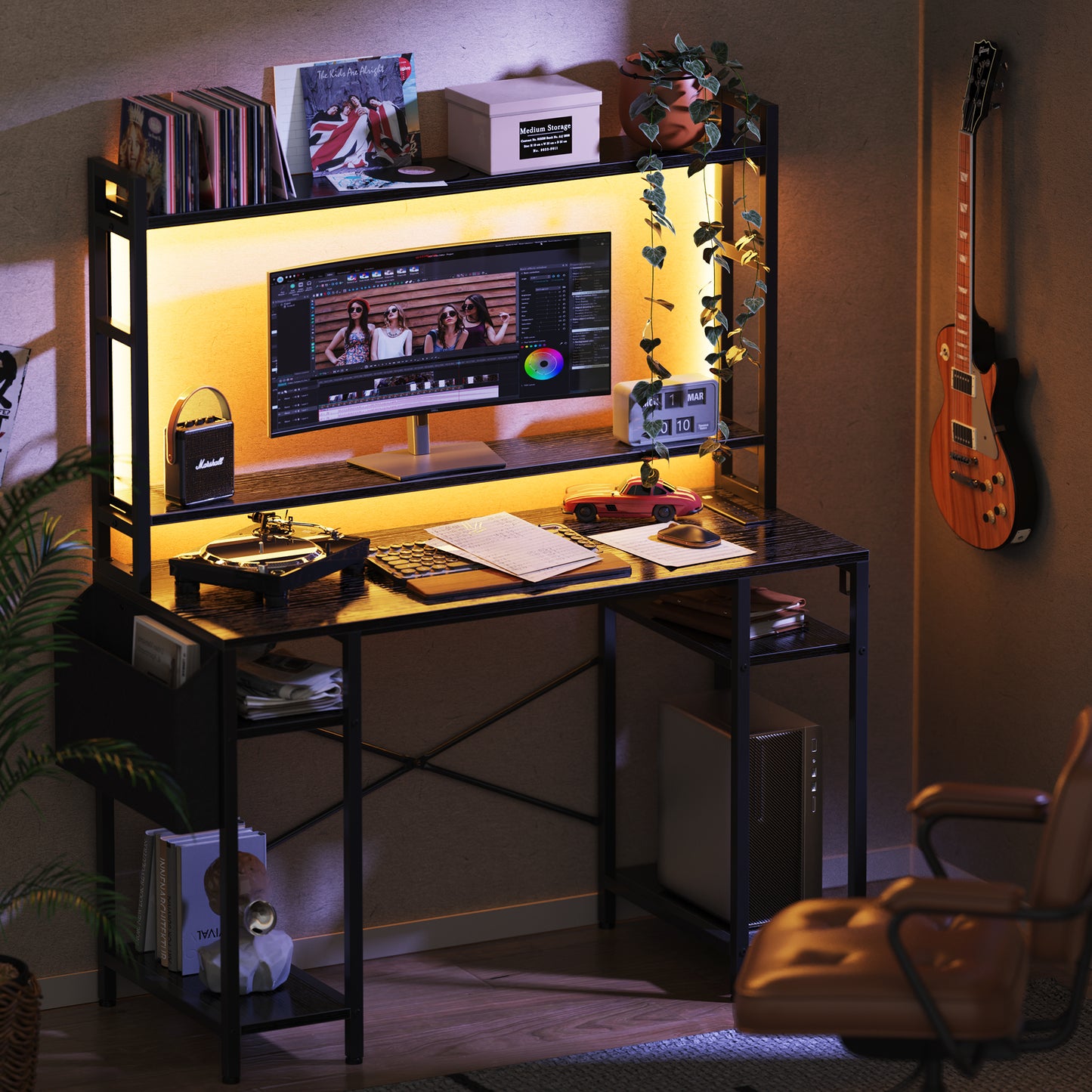 Huuger 47 inch Computer Desk with Adjustable Shelves, Gaming Desk with LED Lights & Power Outlets, Home Office Desk with Monitor Stand, Hooks & CPU Stand, Black