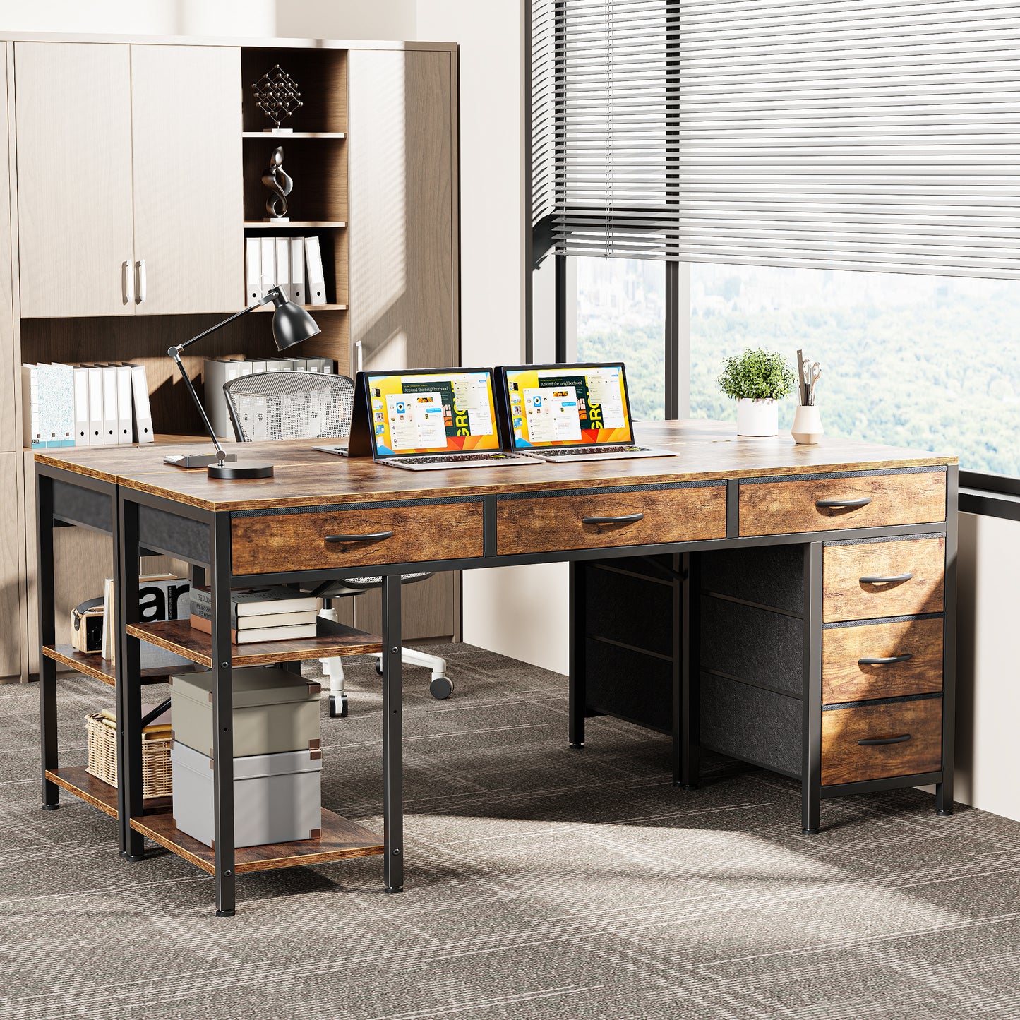 Huuger Computer Desk with 6 Drawers, 54 Inch Office Desk with Shelves, Reversible Gaming Desk, Corner Desk with Storage, Work Desk for Home Office, Study, Living Room, Rustic Brown