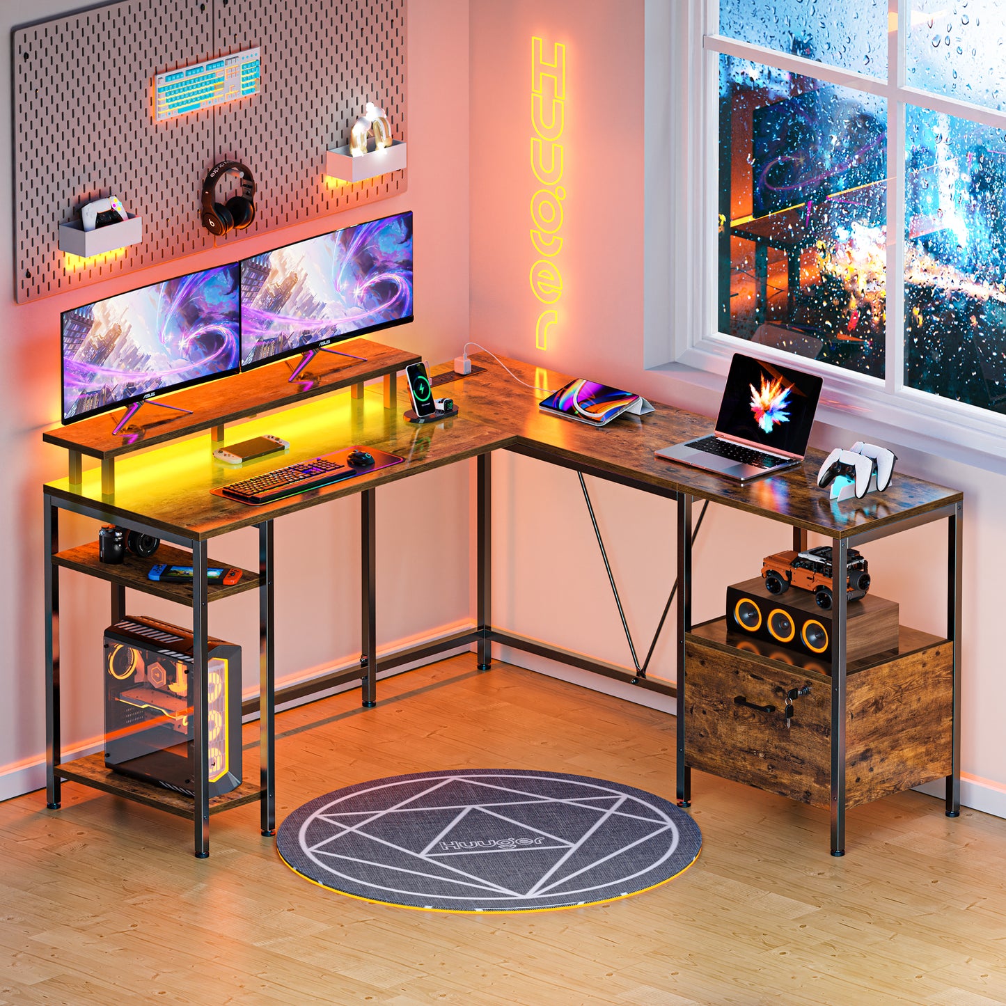Huuger L Shaped Computer Desk with Power Outlets & LED Lights, Reversible Computer Desk with File Cabinet & Storage Shelves, Corner Desk Home Office Desk, Rustic Brown