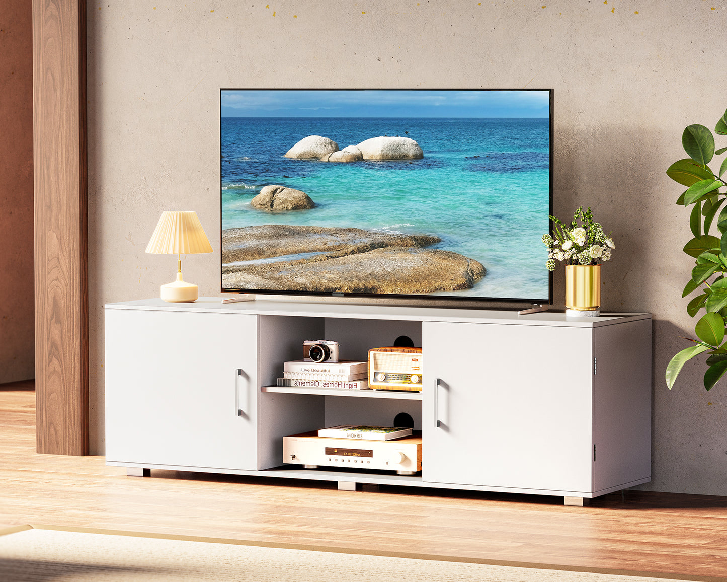 Huuger TV Stand for 55 Inch TV, Entertainment Center with Storage, 2 Cabinets, TV Console Media Cabinet with 6 Cable Holes, White TV Stand for Living Room, Bedroom