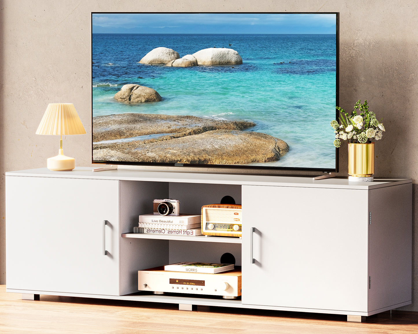 Huuger TV Stand for 55 Inch TV, Entertainment Center with Storage, 2 Cabinets, TV Console Media Cabinet with 6 Cable Holes, White TV Stand for Living Room, Bedroom