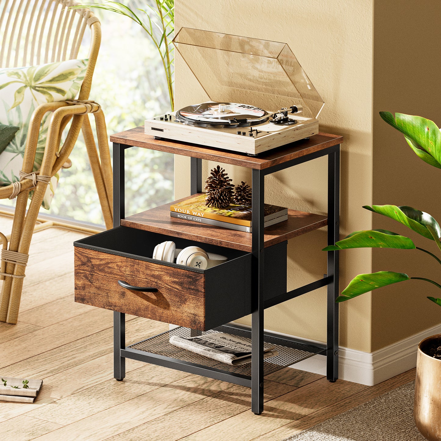 Huuger Nightstand Set of 2, Night Stand with Fabric Drawer, Mesh Shelf, Side Table with Storage, Fabric Drawer Dresser, Open Shelf, Metal Frame, Bedroom, Rustic Brown
