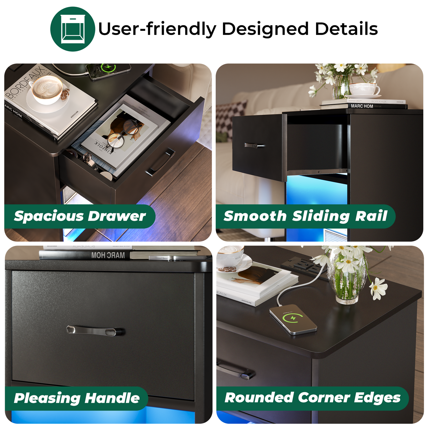 Huuger Nightstands Set of 2, Night Stands with Charging Station & LED Light Strips, Bedside Tables with Drawer, Side Tables Bedroom, Open Storage, Black