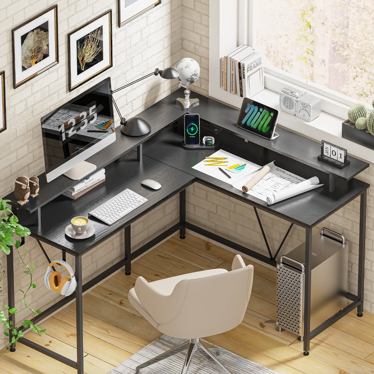 Huuger L Shaped Gaming Desk with LED Lights & Power Outlets, Monitor Stand & Hooks, Home Office Desk, Corner Gaming Desk, Black