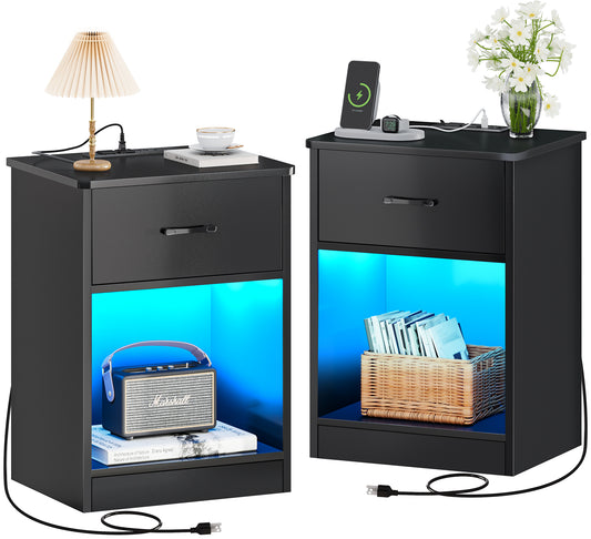Huuger Nightstands Set of 2, Night Stands with Charging Station & LED Light Strips, Bedside Tables with Drawer, Side Tables Bedroom, Open Storage, Black