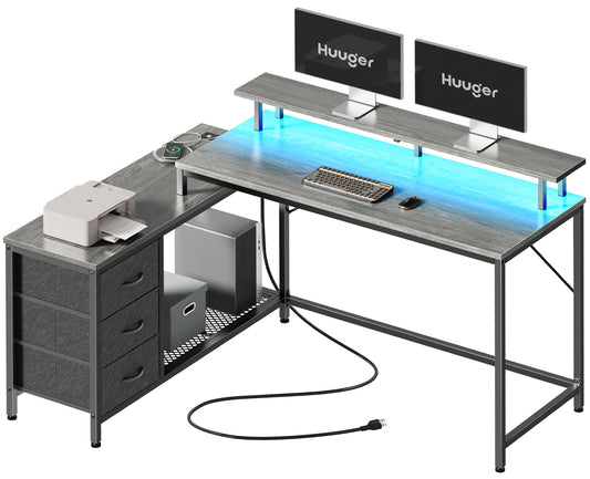 Huuger L Shaped Computer Desk with LED Lights and Power Outlets, Gaming Desk with Drawers & Storage Shelf, Reversible Corner Desk with Monitor Stand, Gray