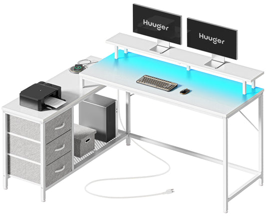Huuger L Shaped Computer Desk with LED Lights and Power Outlets, Gaming Desk with Drawers & Storage Shelf, Reversible Corner Desk with Monitor Stand, White