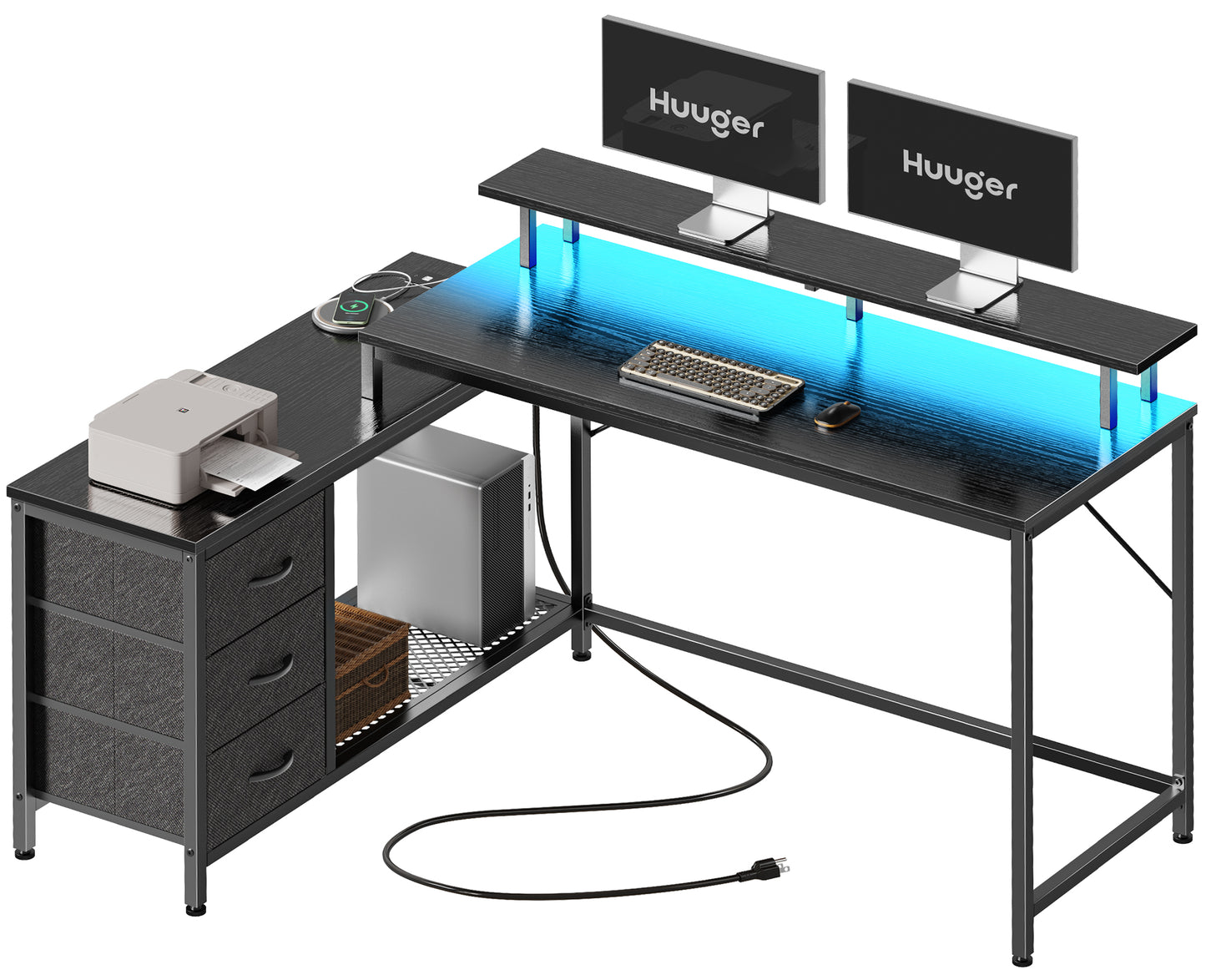 Huuger L Shaped Computer Desk with LED Lights and Power Outlets, Gaming Desk with Drawers & Storage Shelf, Reversible Corner Desk with Monitor Stand, Black