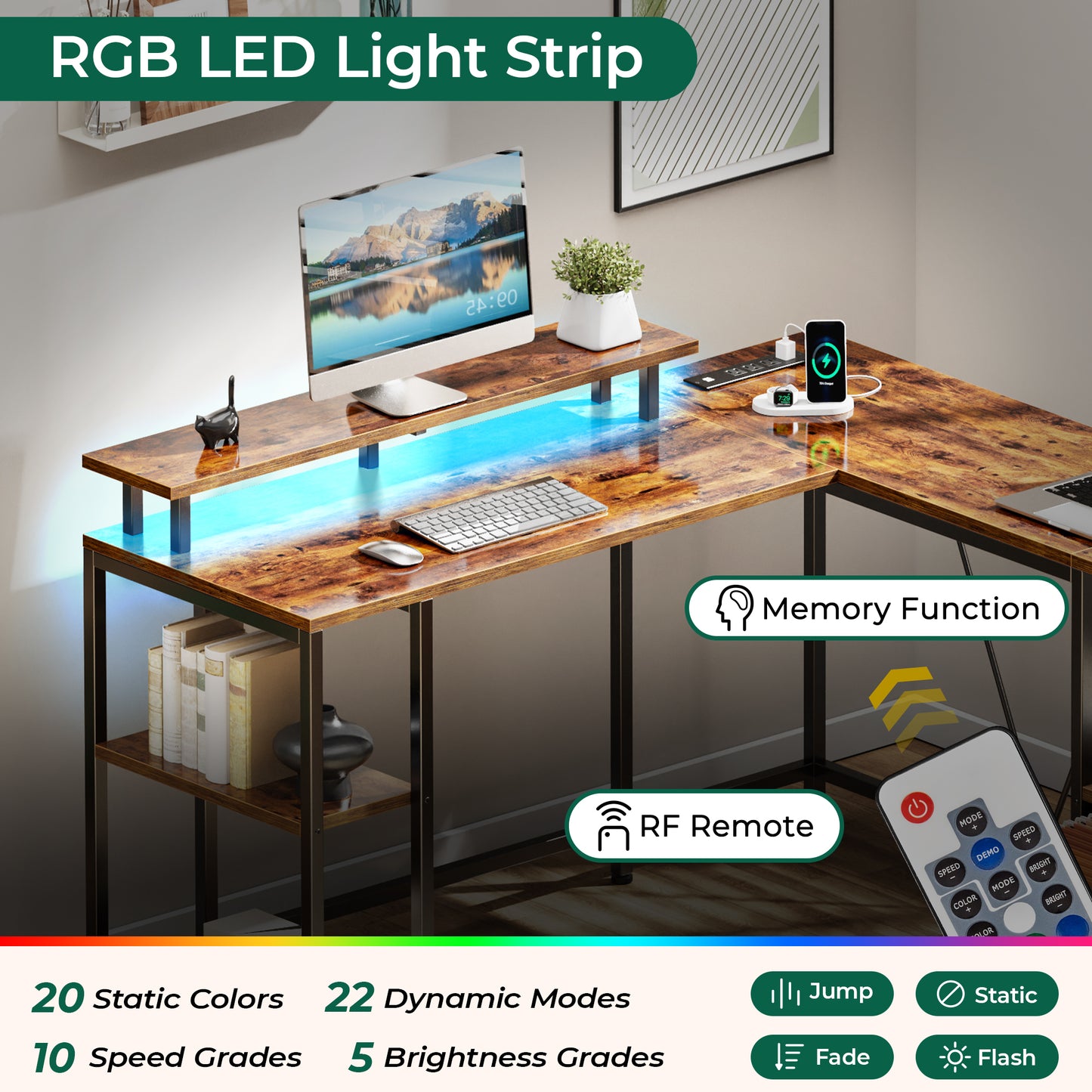Huuger L Shaped Computer Desk with Power Outlets & LED Lights, Reversible Computer Desk with File Cabinet & Storage Shelves, Corner Desk Home Office Desk, Rustic Brown