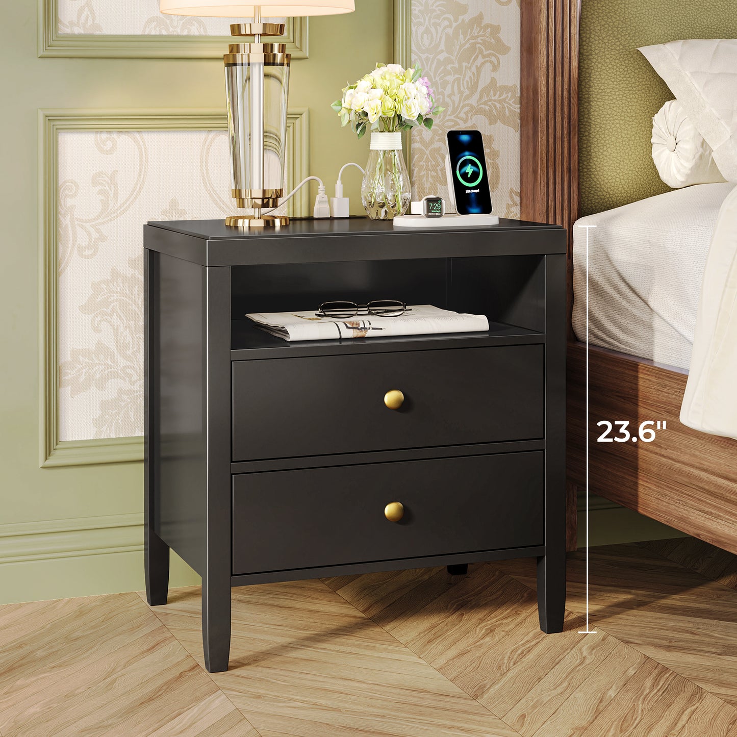 Huuger Black Nightstand Set of 2, Night Stand with Charger Station, Bedside Table with 2 Drawers, Bed Side Tables for Bedroom, Modern Nightstands, Metal Knobs, Painted Surface