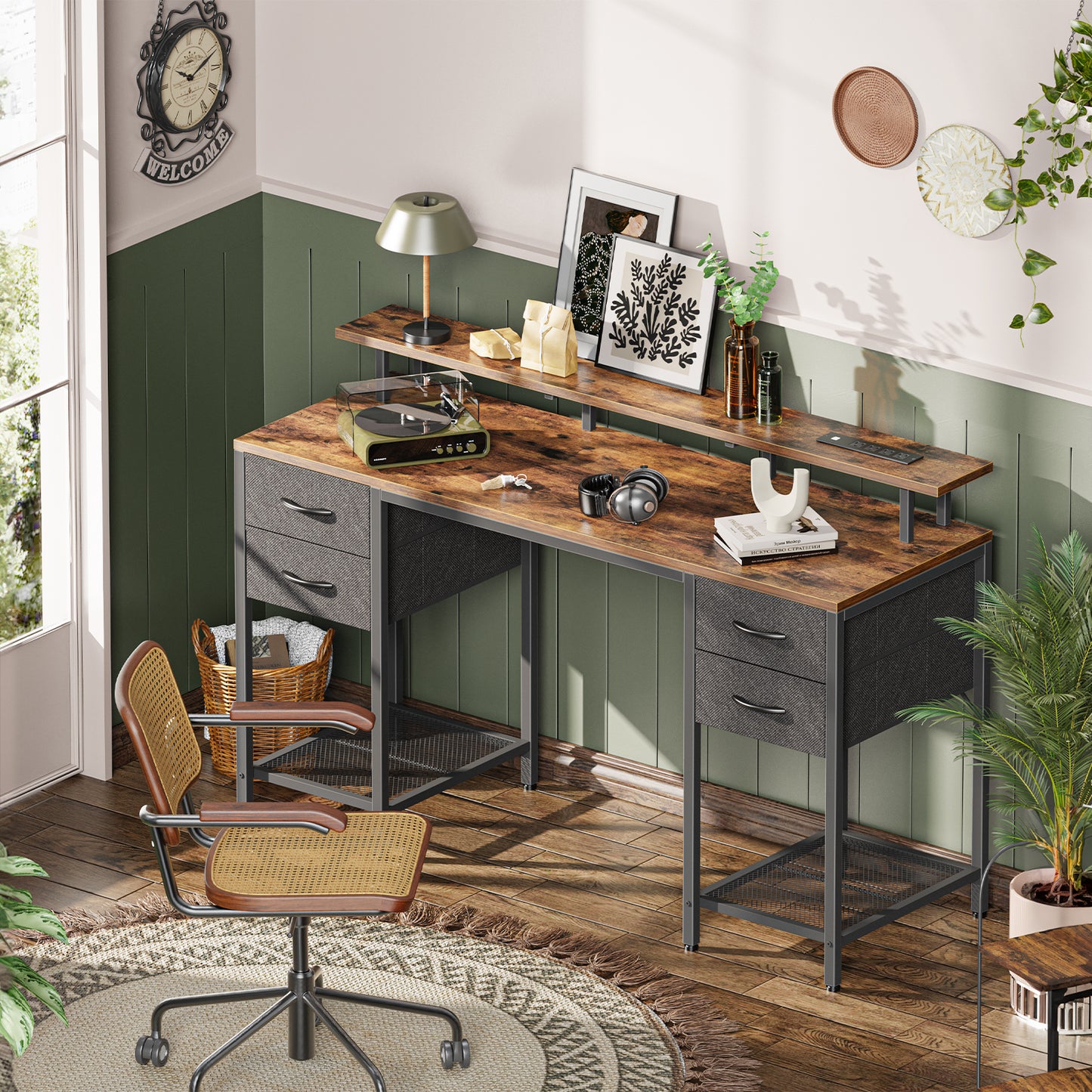 Huuger 55 inch Computer Desk with 4 Drawers, Gaming Desk with LED Lights & Power Outlets, Home Office Desk with Large Storage Space for Bedroom, Work from Home, Rustic Brown
