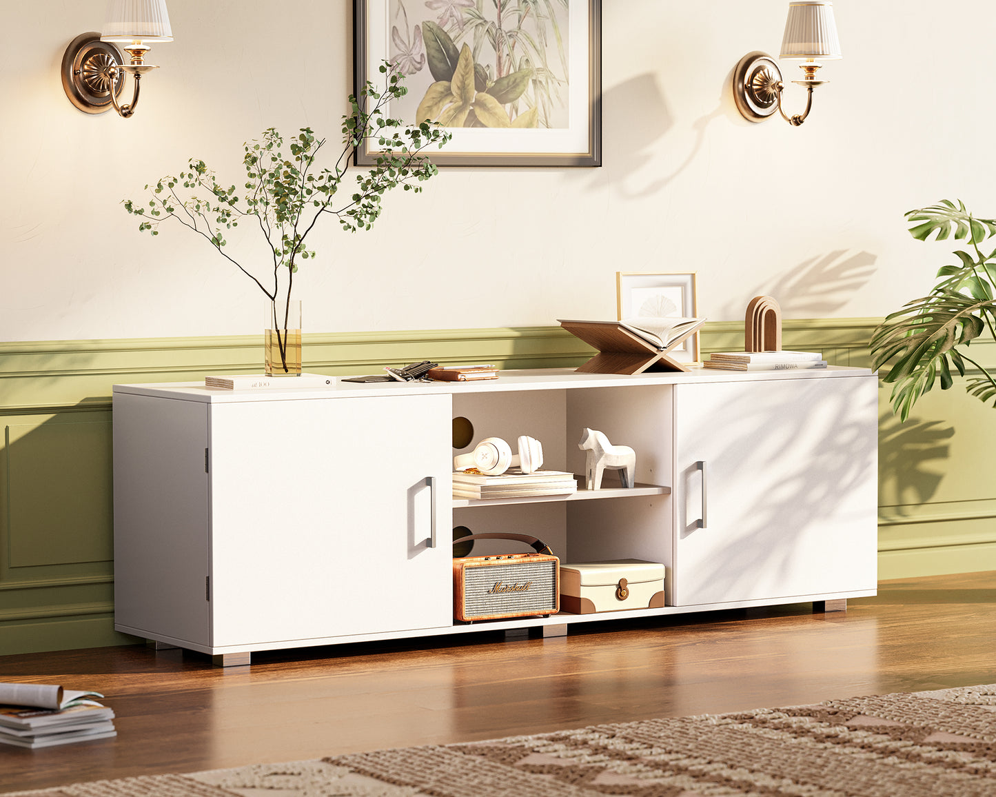 Huuger TV Stand for 55 Inch TV, Entertainment Center with Storage, 2 Cabinets, TV Console Media Cabinet with 6 Cable Holes, White TV Stand for Living Room, Bedroom