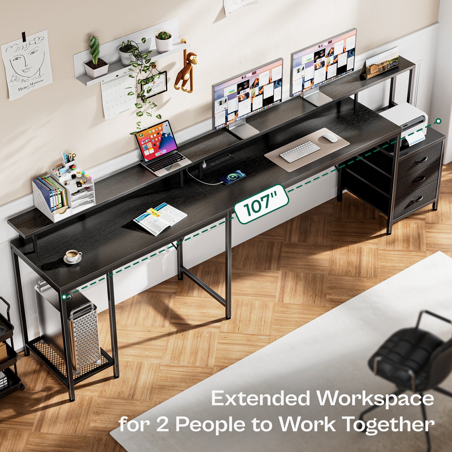 Huuger L Shaped Gaming Desk with LED Lights and Power Outlets, Computer Desk with 3 Drawers, 66.1 Inches Corner Desk, Home Office Desk with Printer and Monitor Stand, Large Storage Space, Black
