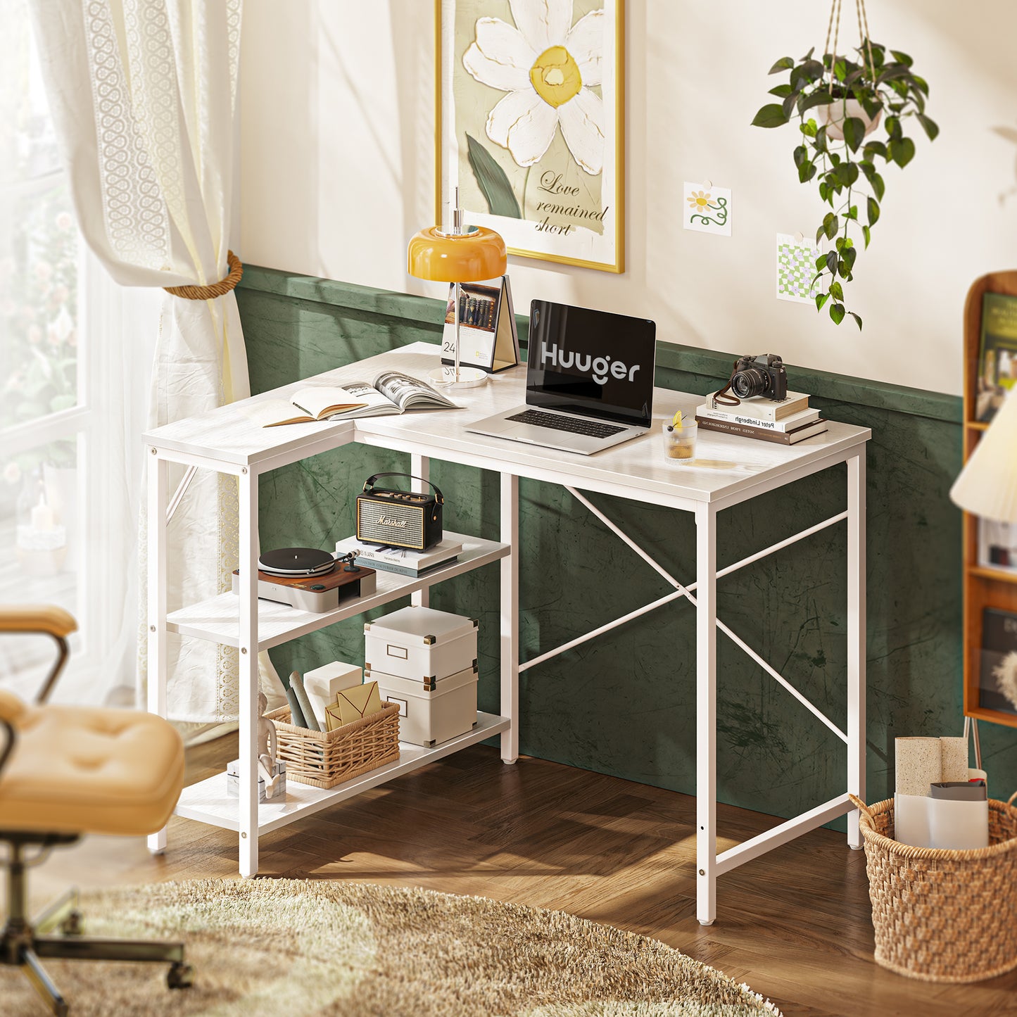 Huuger L Shaped Desk, 39 Inches Computer Desk with Reversible Storage Shelves, Gaming Desk, Corner Desk Home Office Desks, Writing Desk Study Desk with Metal Frame, White