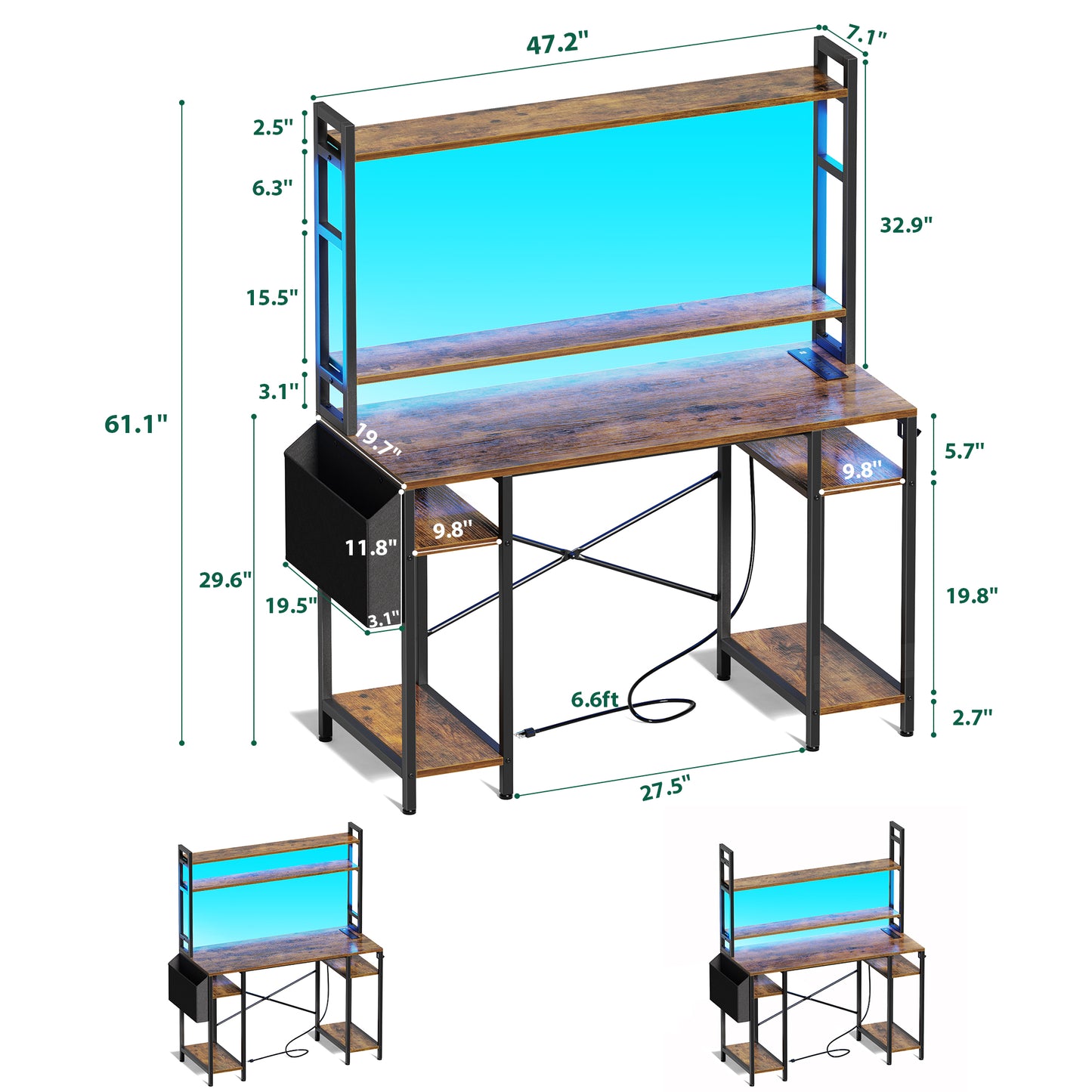 Huuger 47 inch Computer Desk with Adjustable Shelves, Gaming Desk with LED Lights & Power Outlets, Home Office Desk with Monitor Stand, Hooks & CPU Stand, Rustic Brown