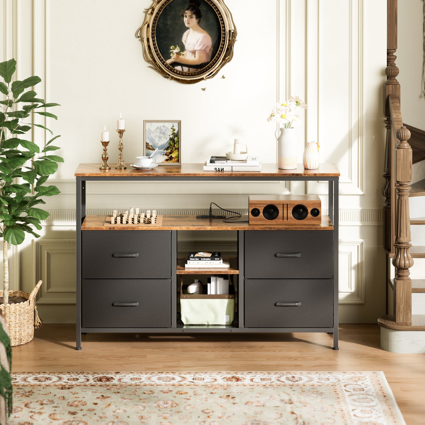 Huuger TV Stand Dresser with Power Outlets and LED Lights, 4 Drawers Entertainment Center with Open Shelf, Media Console for 50 43 Inch TV, Dresser with PU Finish, Rustic Brown and Black