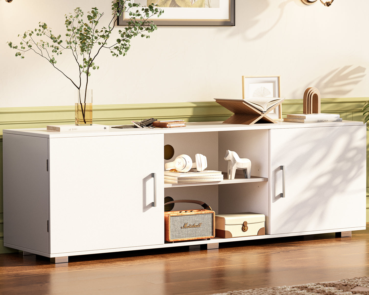 Huuger TV Stand for 55 Inch TV, Entertainment Center with Storage, 2 Cabinets, TV Console Media Cabinet with 6 Cable Holes, White TV Stand for Living Room, Bedroom