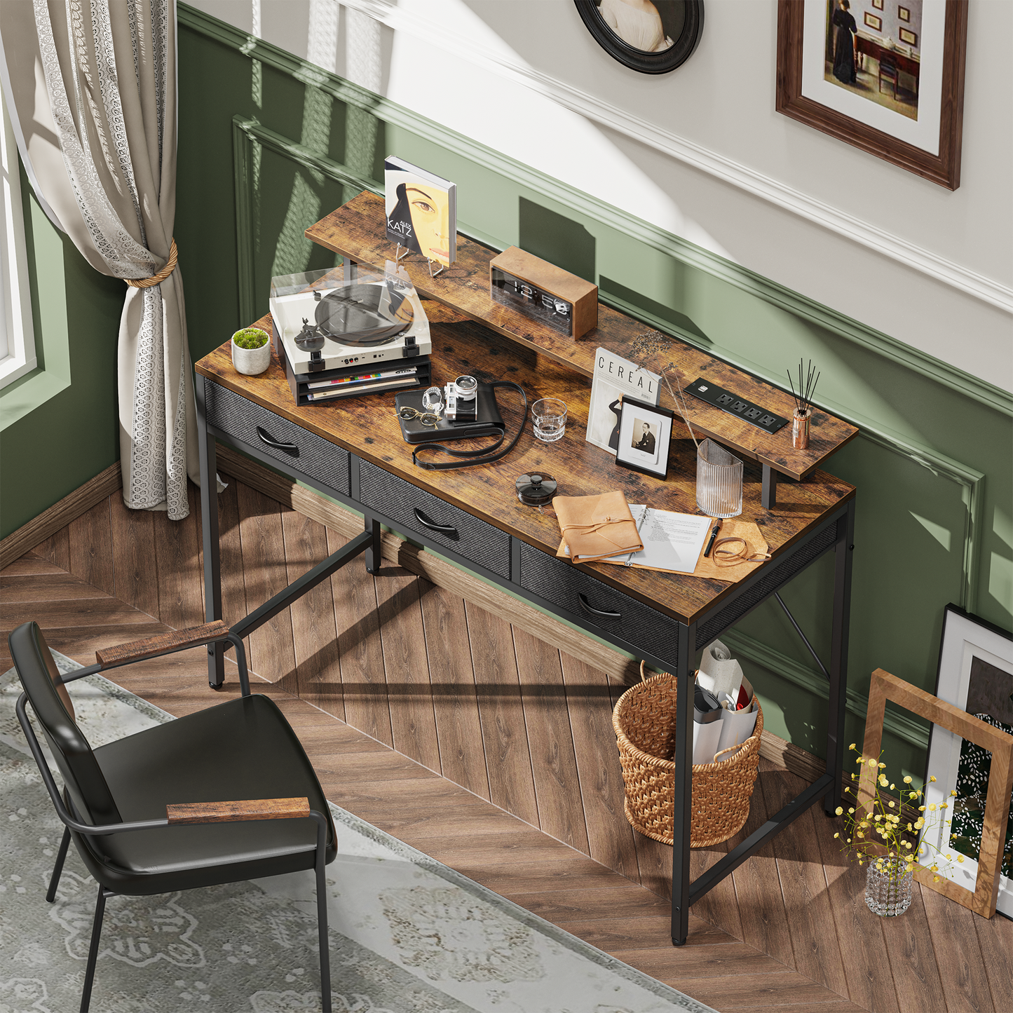 Huuger 47 inch Computer Desk with LED Lights & Power Outlets, Rustic Brown