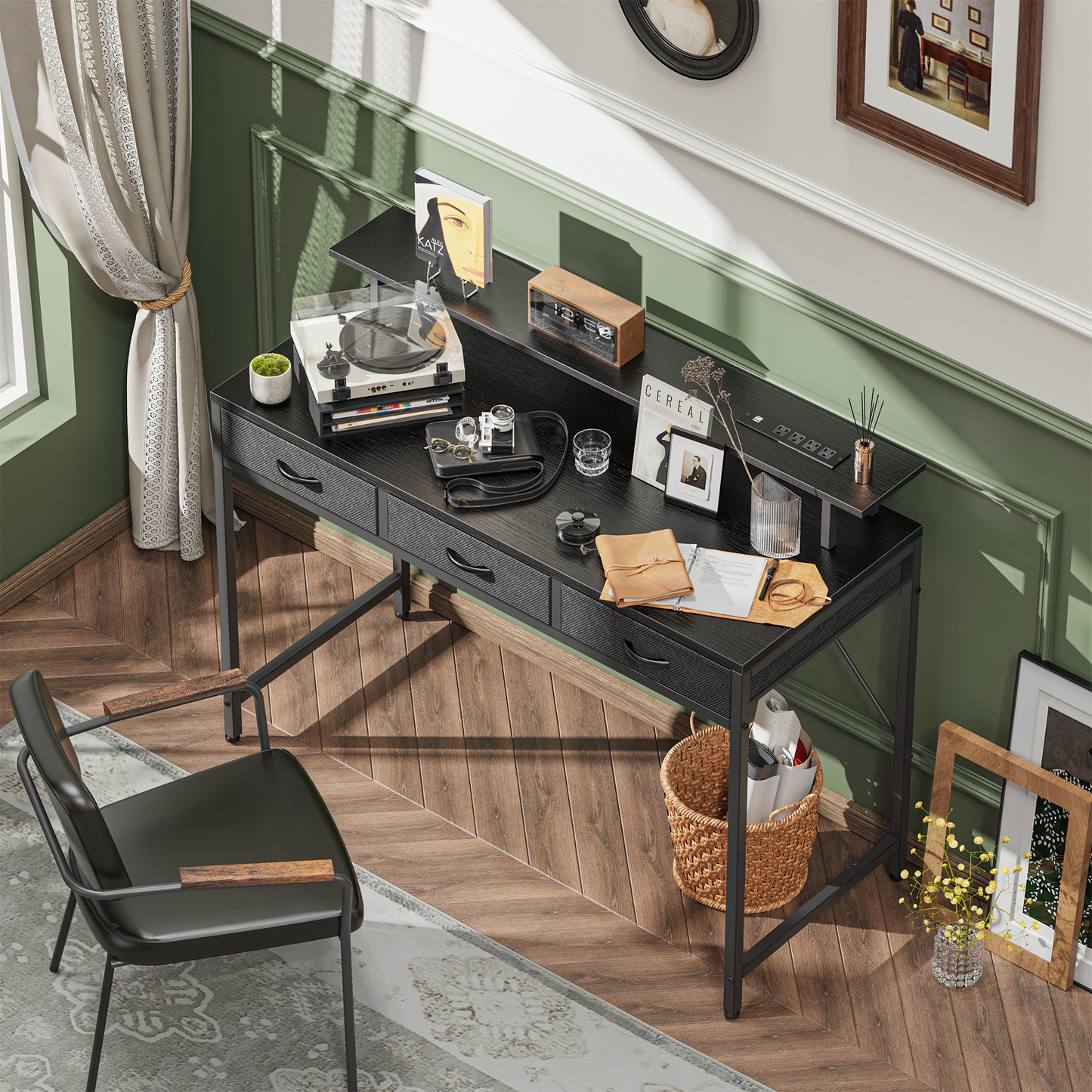 Huuger 55 inch Computer Desk with 3 Drawers, Office Desk Gaming Desk with LED Lights & Power Outlets, Black