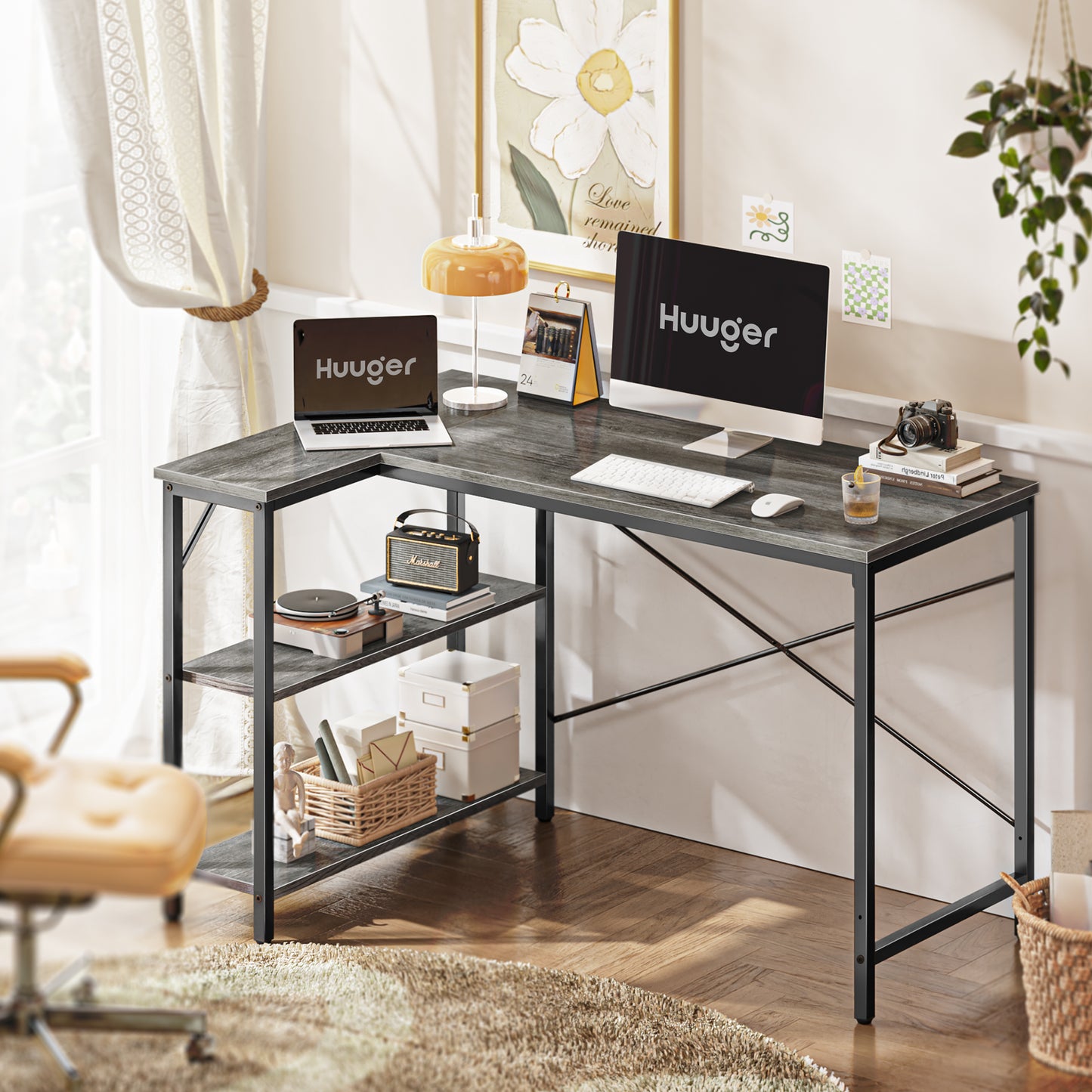 Huuger L Shaped Desk, 47 Inches Computer Desk with Reversible Storage Shelves, Gaming Desk, Corner Desk Home Office Desks, Writing Desk Study Desk with Metal Frame