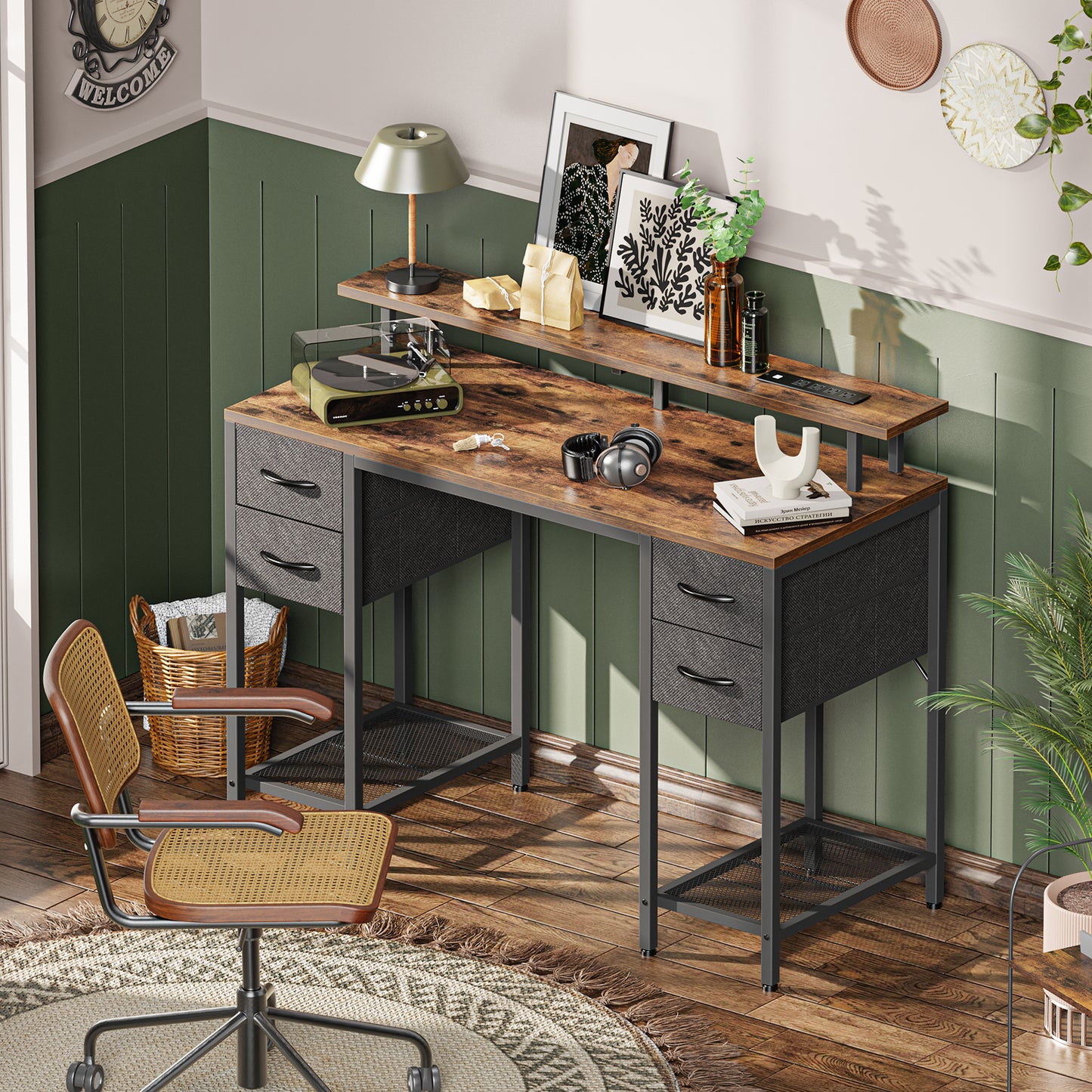 Huuger 47 inch Computer Desk with 4 Drawers, Gaming Desk with LED Lights & Power Outlets, Home Office Desk with Large Storage Space for Bedroom, Work from Home, Rustic Brown
