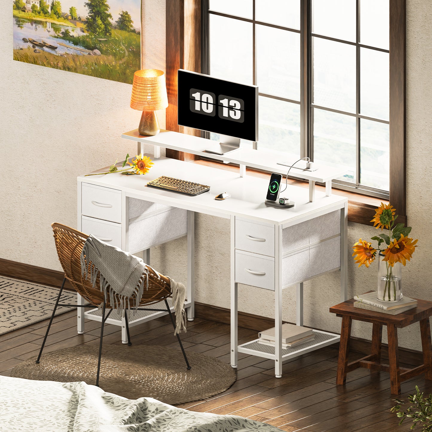 Huuger 47 inch Computer Desk with 4 Drawers, Gaming Desk with LED Lights & Power Outlets, Home Office Desk with Large Storage Space for Bedroom, Work from Home, White