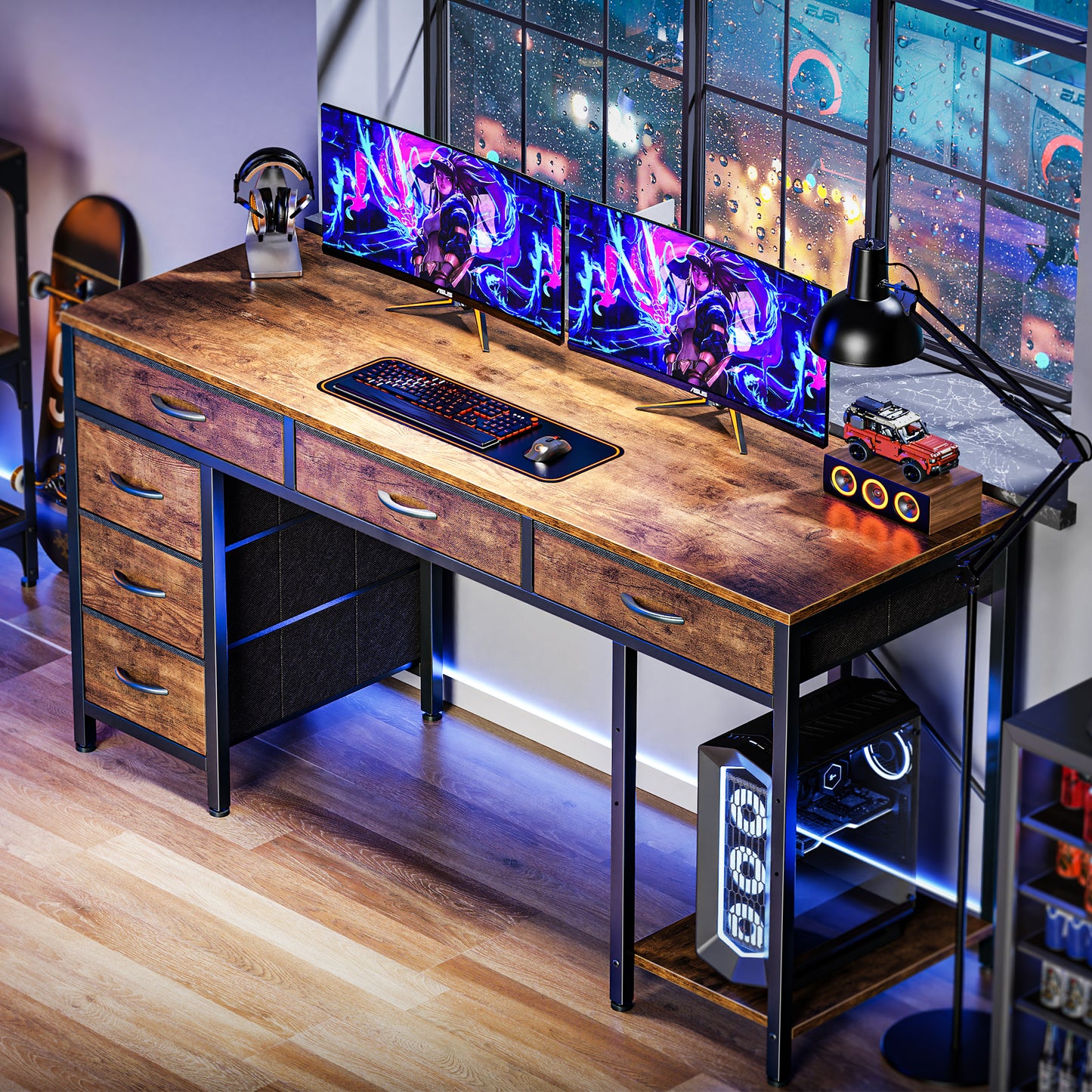 Huuger Computer Desk with 6 Drawers, 54 Inch Office Desk with Shelves, Reversible Gaming Desk, Corner Desk with Storage, Work Desk for Home Office, Study, Living Room, Rustic Brown