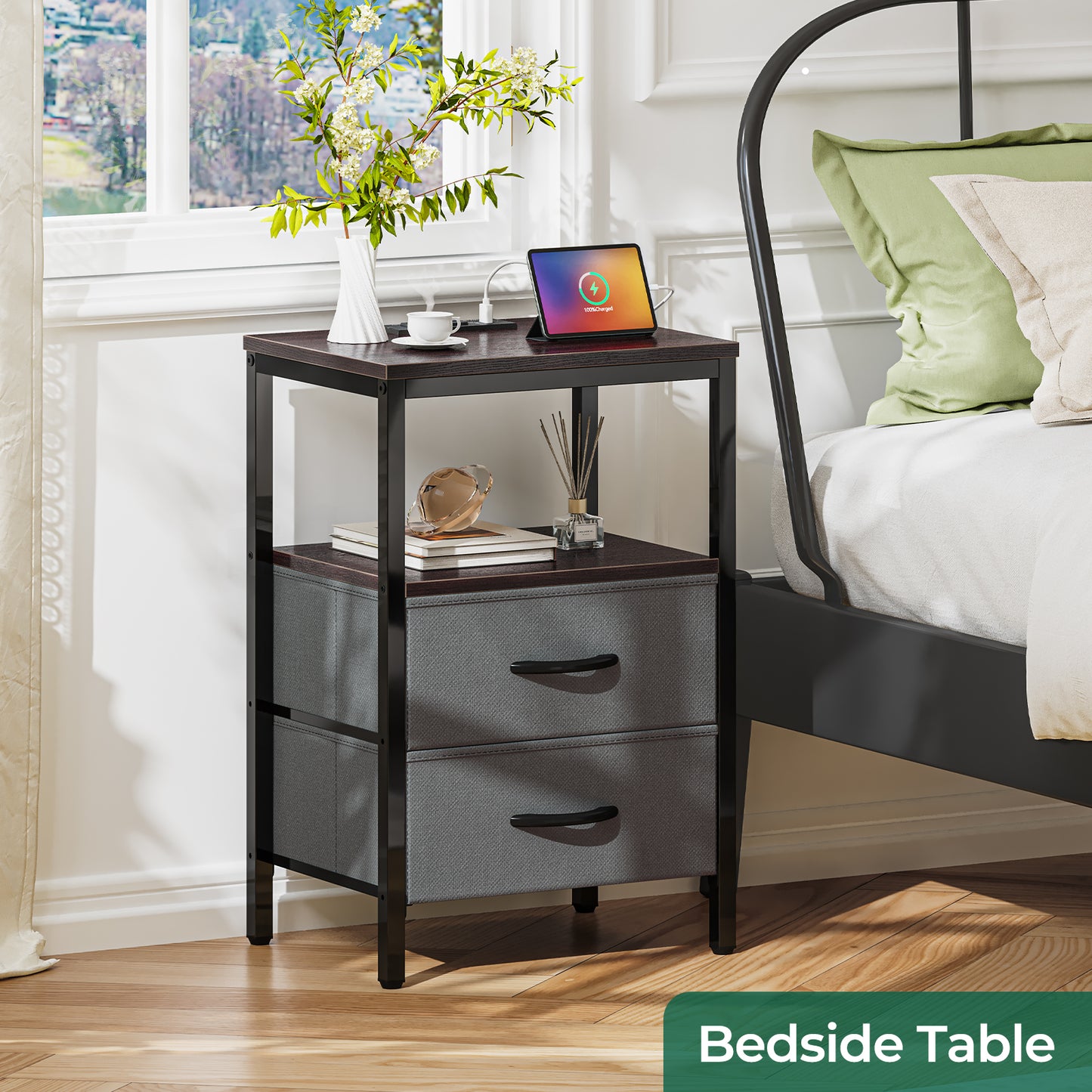 Huuger Nightstands Set of 2, End Tables, Side Tables with Fabric Drawers, Bedside Tables with USB Ports and Outlets, Walnut