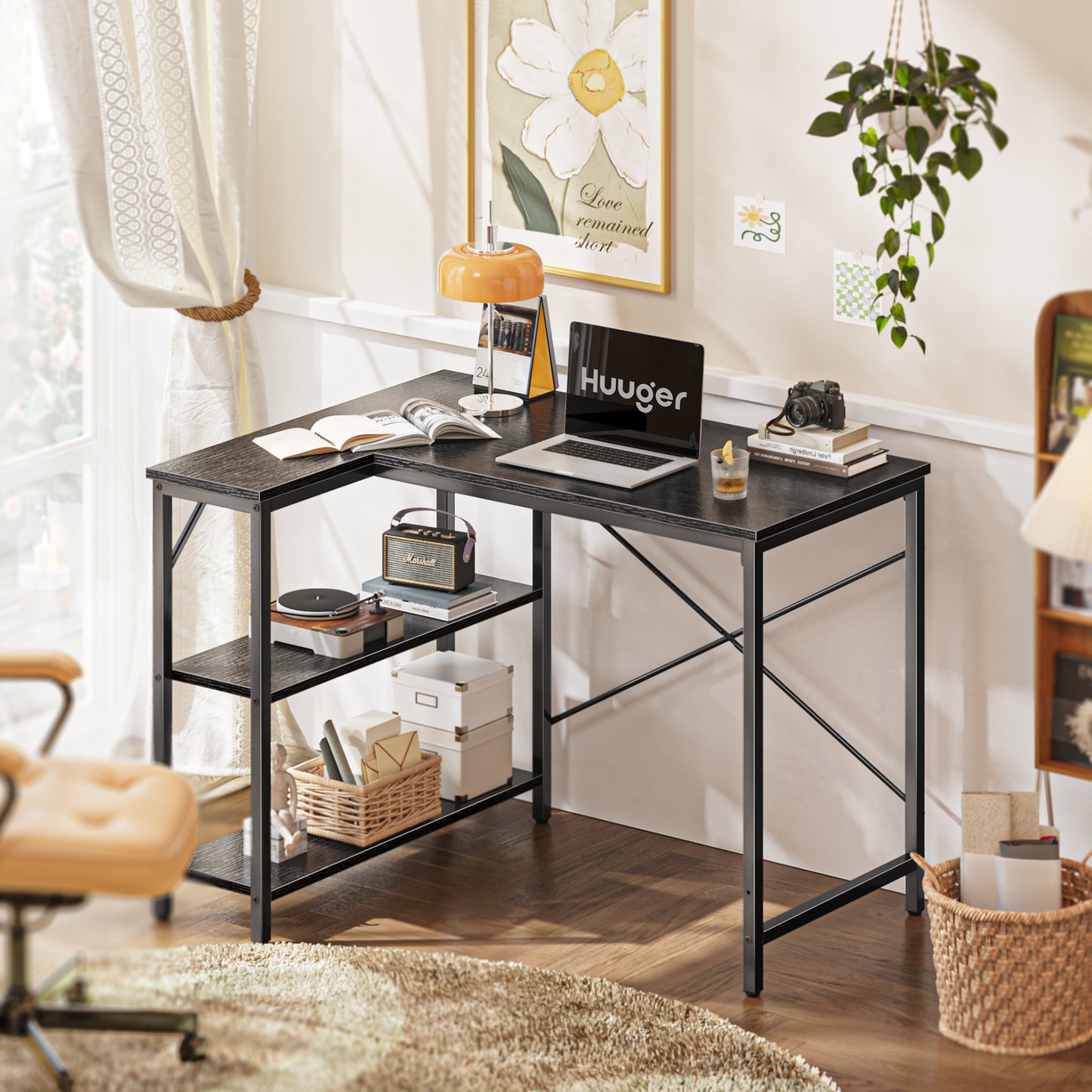 Huuger L Shaped Desk, 39 Inches Computer Desk with Reversible Storage Shelves, Black