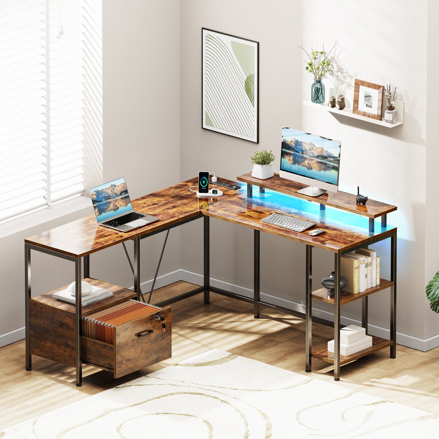 Huuger L Shaped Computer Desk with Power Outlets & LED Lights, Reversible Computer Desk with File Cabinet & Storage Shelves, Corner Desk Home Office Desk, Rustic Brown