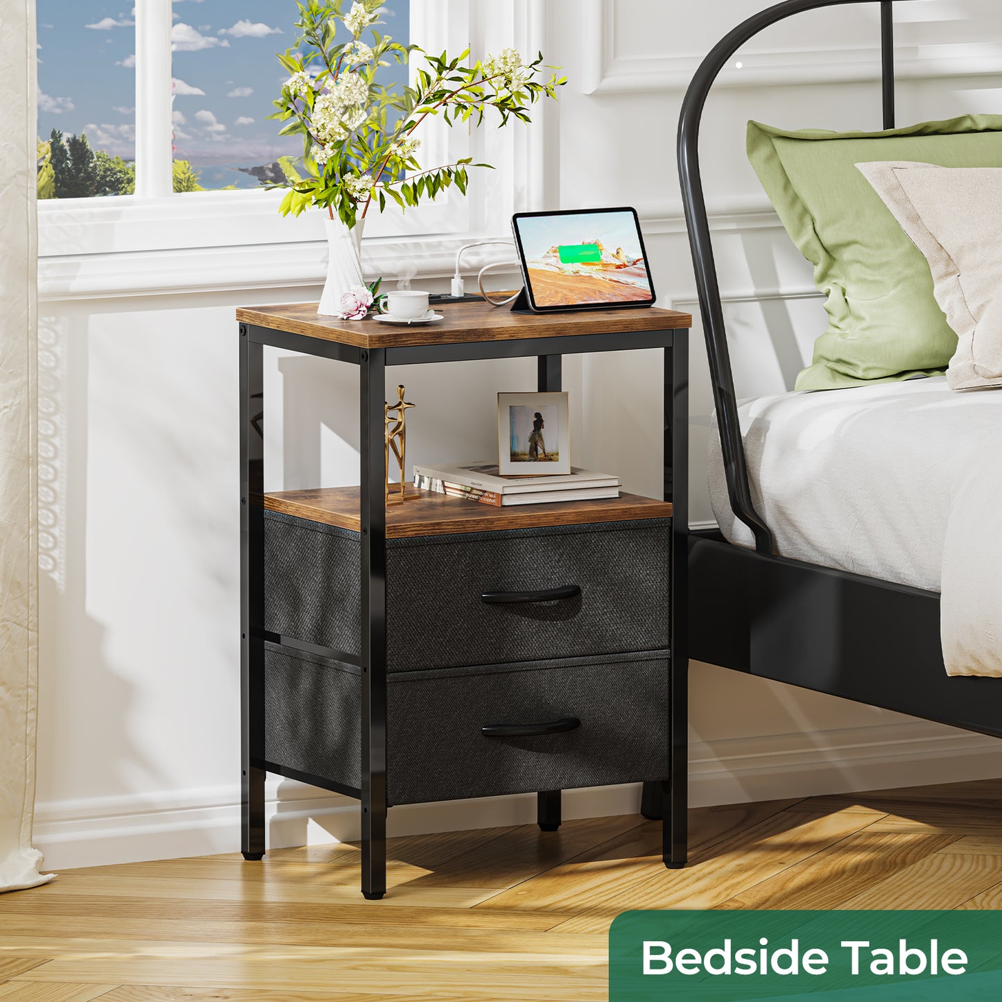 Huuger Nightstand with Charging Station, Side Table with Fabric Drawers, End Table with Open Shelf, Bedside Table with USB Ports and Outlets, Vintage Brown
