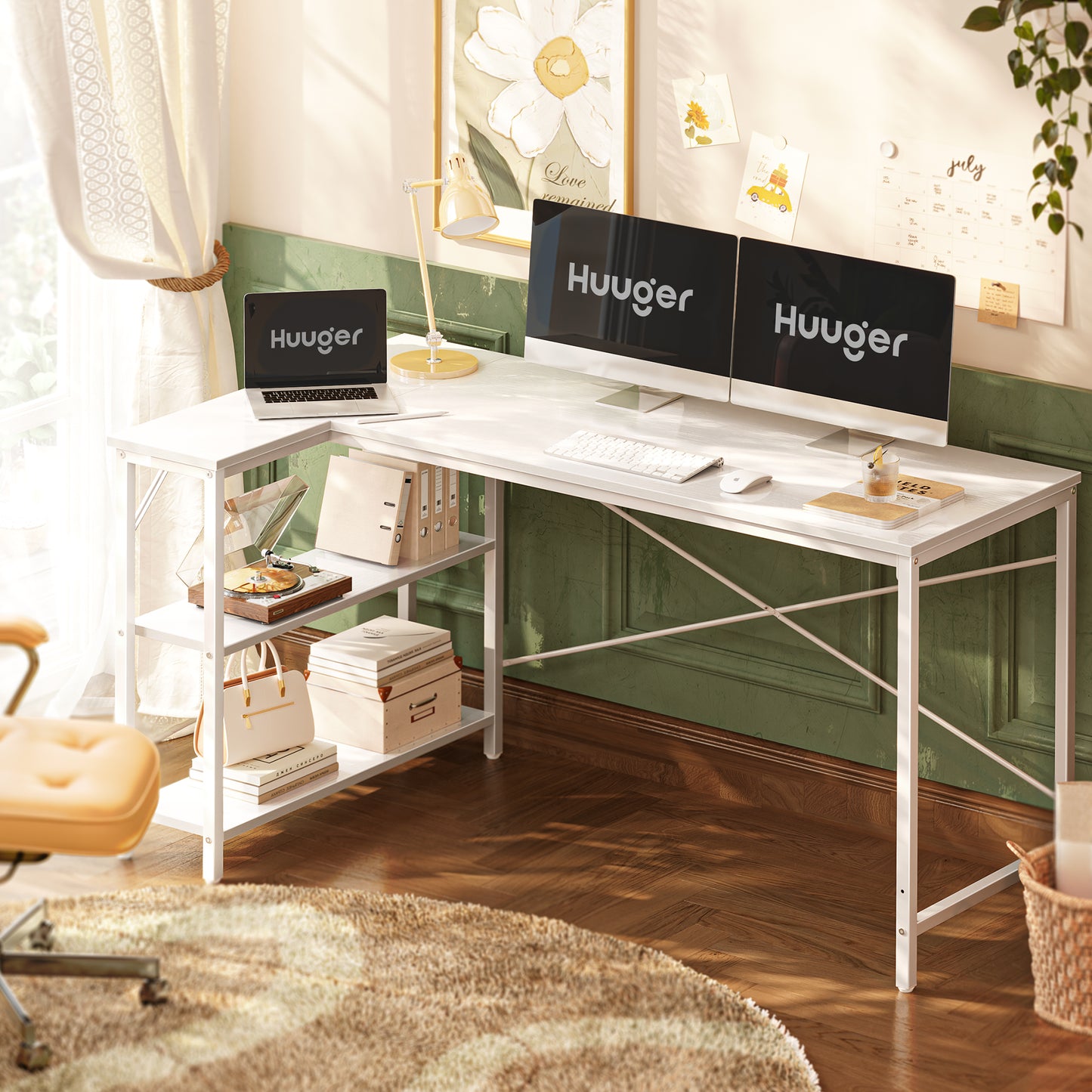 Huuger L Shaped Desk, 55 Inches Computer Desk with Reversible Storage Shelves, Gaming Desk, Corner Desk Home Office Desks, Writing Desk Study Desk with Metal Frame, White