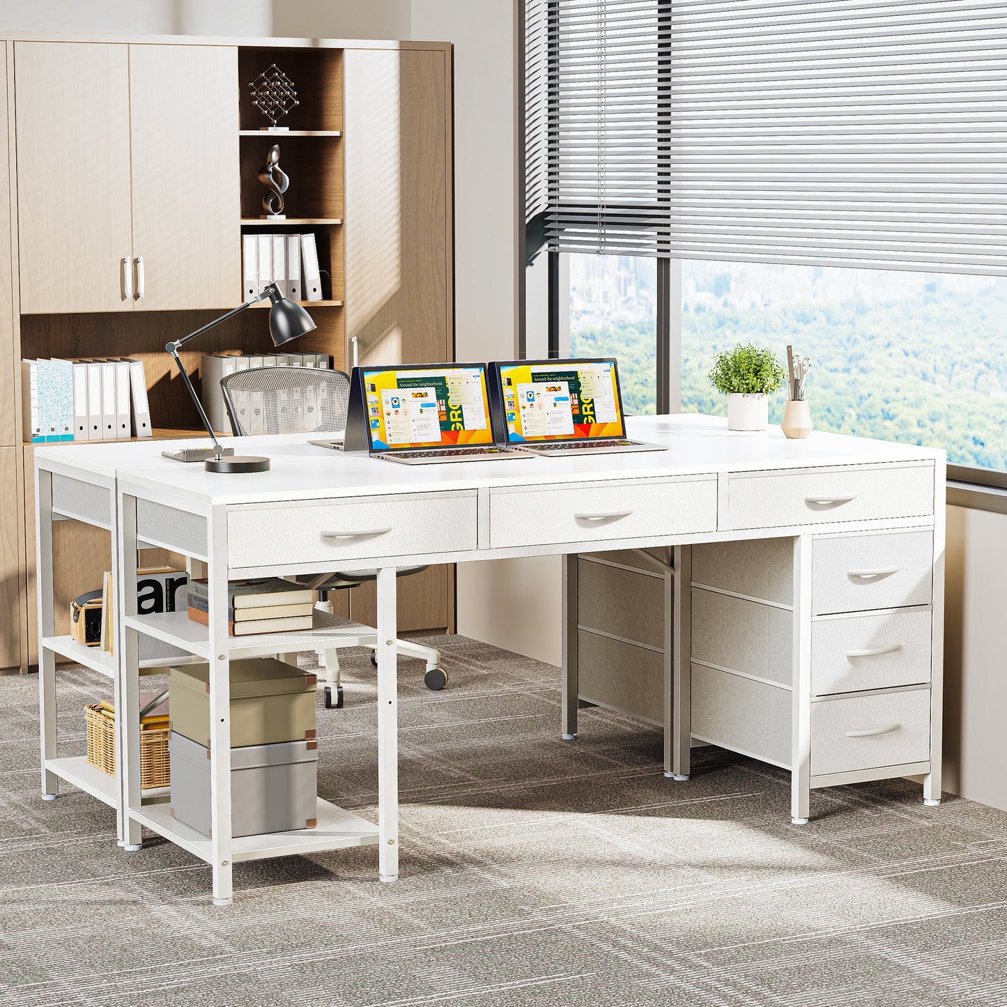 Huuger Computer Desk with 6 Drawers, 54 Inch Office Desk with Shelves, Reversible Gaming Desk, Corner Desk with Storage, Work Desk for Home Office, Study, Living Room, White