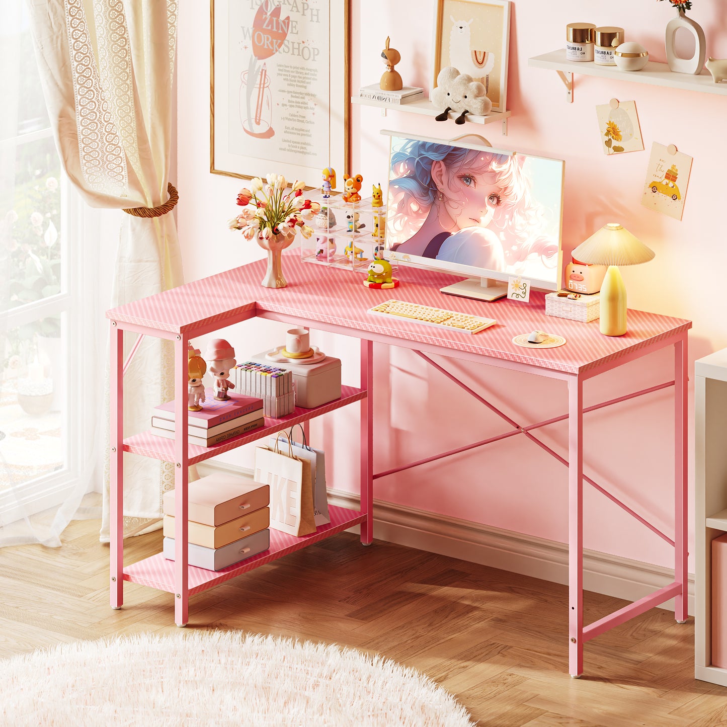 L Shaped Computer Desk with Reversible Storage Shelves, Gaming Corner Desk for Home Office, Writing Study Desk with Metal Frame, Pink