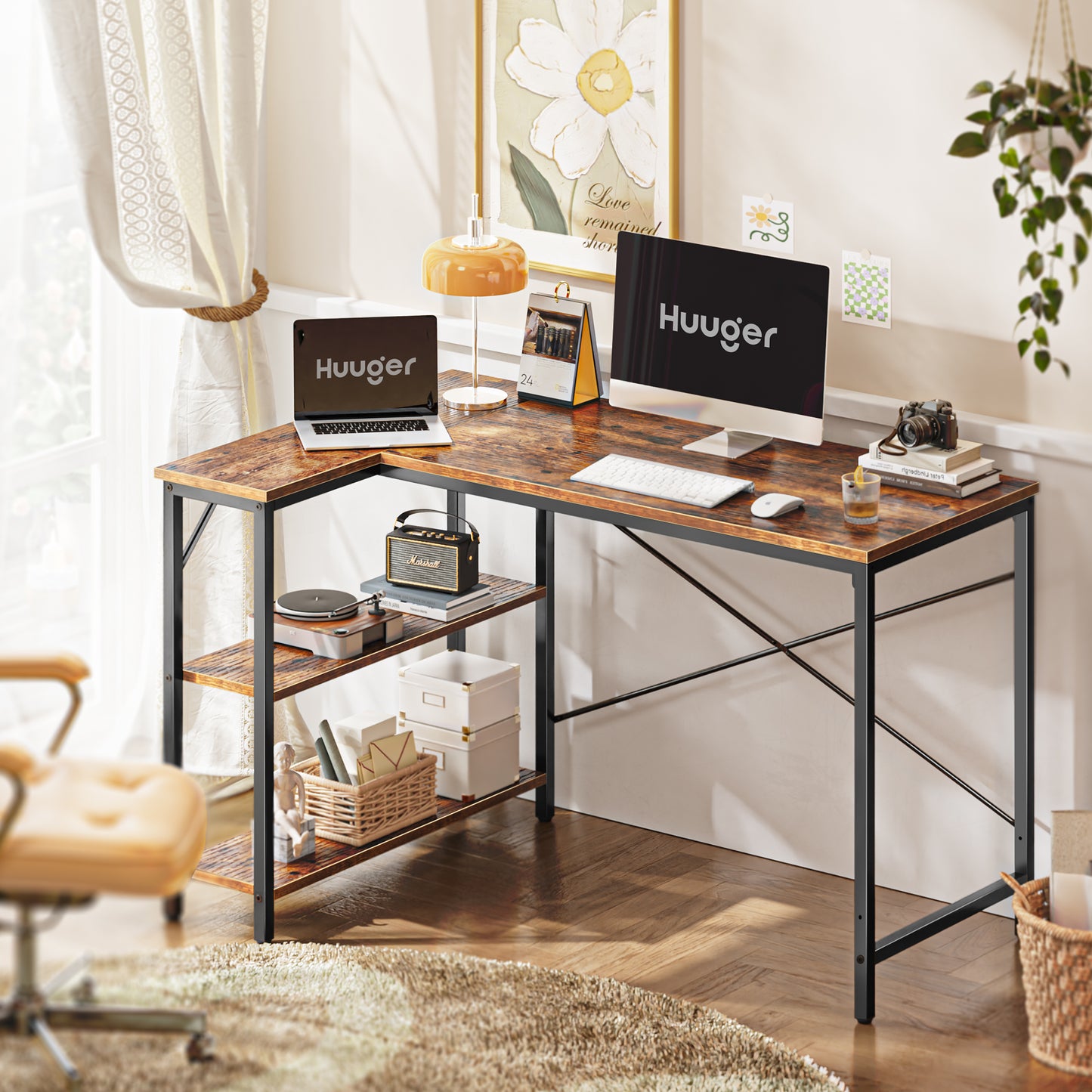 Huuger L Shaped Desk, 47 Inches Computer Desk with Reversible Storage Shelves, Rustic Brown
