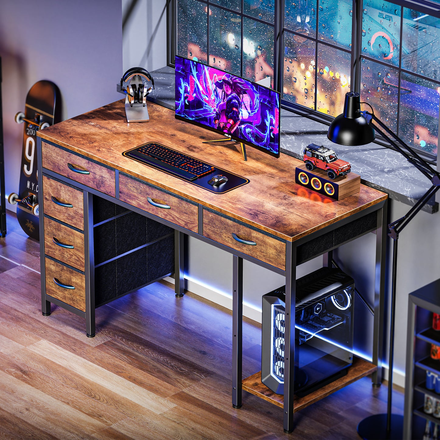 Huuger Computer Desk with 6 Drawers, 47 Inch Office Desk with Shelves, Reversible Gaming Desk, Corner Desk with Storage, Work Desk for Home Office, Study, Living Room, Rustic Brown