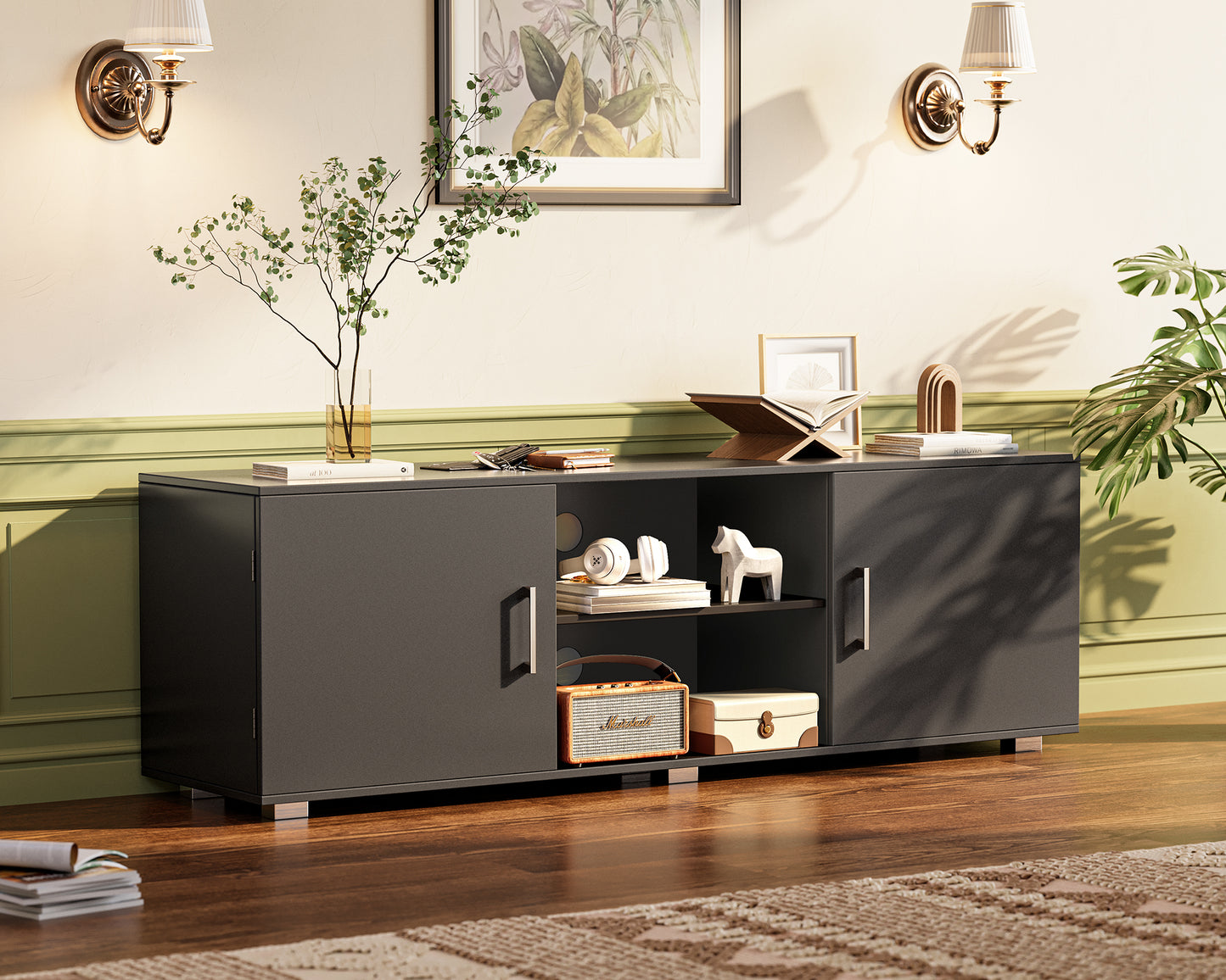 Huuger TV Stand for 55 Inch TV, Entertainment Center with Storage, 2 Cabinets, TV Console Media Cabinet with 6 Cable Holes, Black TV Stand for Living Room, Bedroom