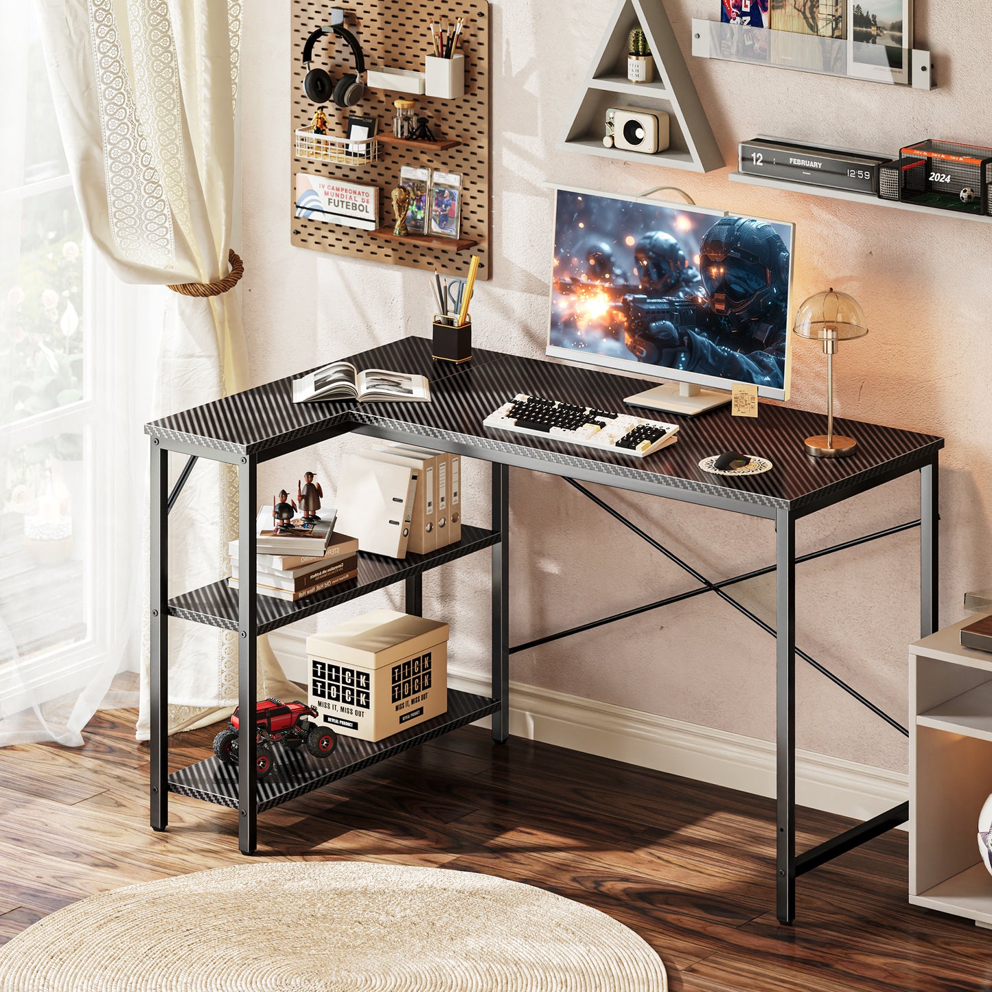L Shaped Computer Desk with Reversible Storage Shelves, Gaming Corner Desk for Home Office, Writing Study Desk with Metal Frame, Carbon Fiber Black