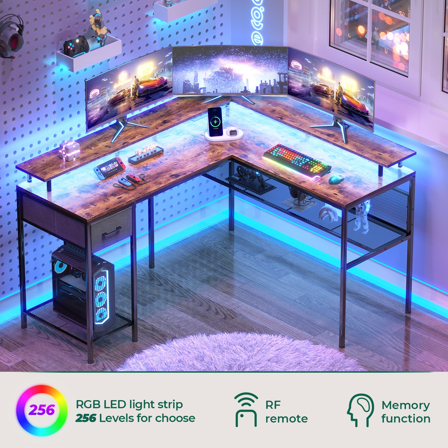 Huuger L Shaped Desk Computer Desk with LED Lights & Power Outlets, Gaming Desk with Storage Shelves, Corner Desk Home Office Desk, Rustic Brown
