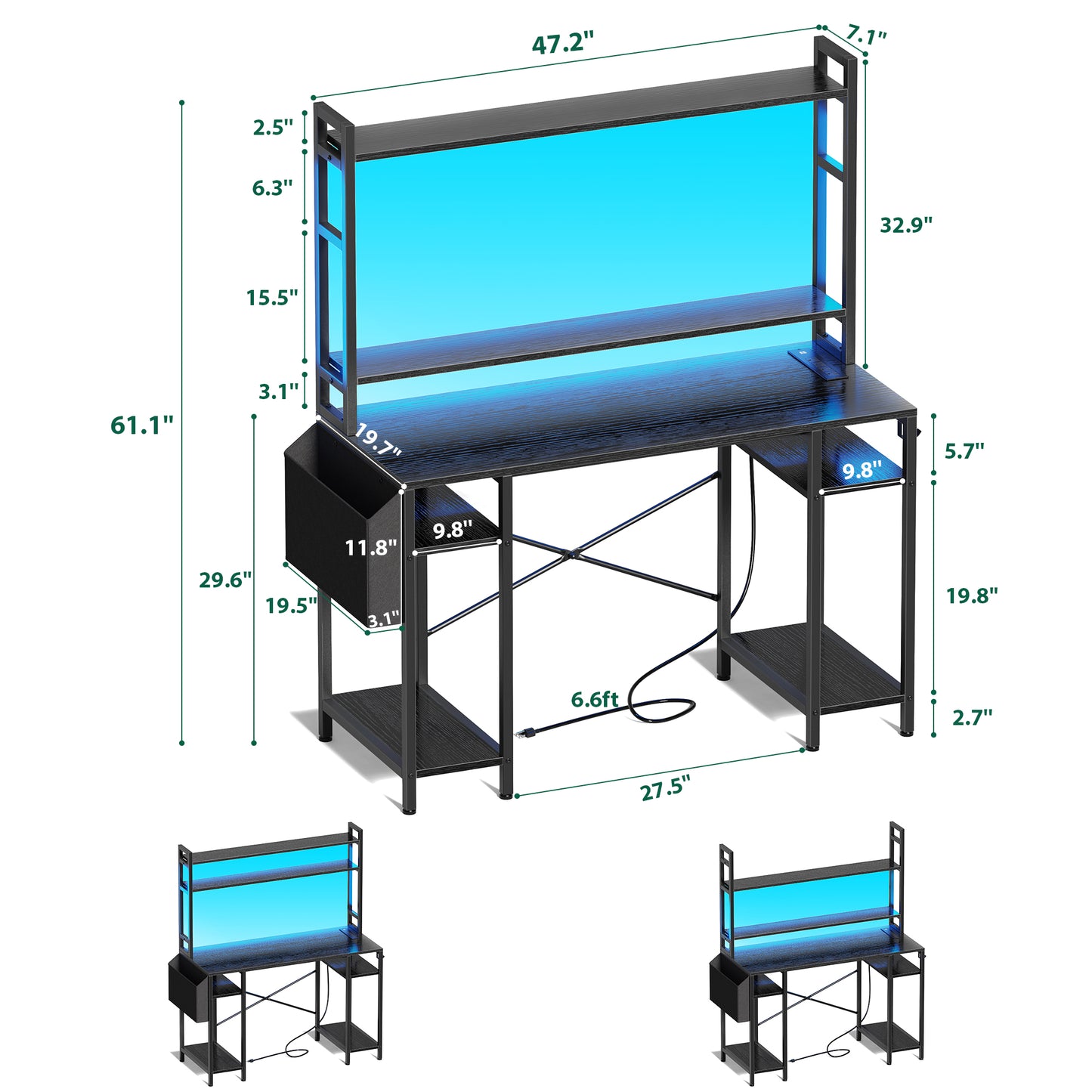 Huuger 47 inch Computer Desk with Adjustable Shelves, Gaming Desk with LED Lights & Power Outlets, Home Office Desk with Monitor Stand, Hooks & CPU Stand, Black