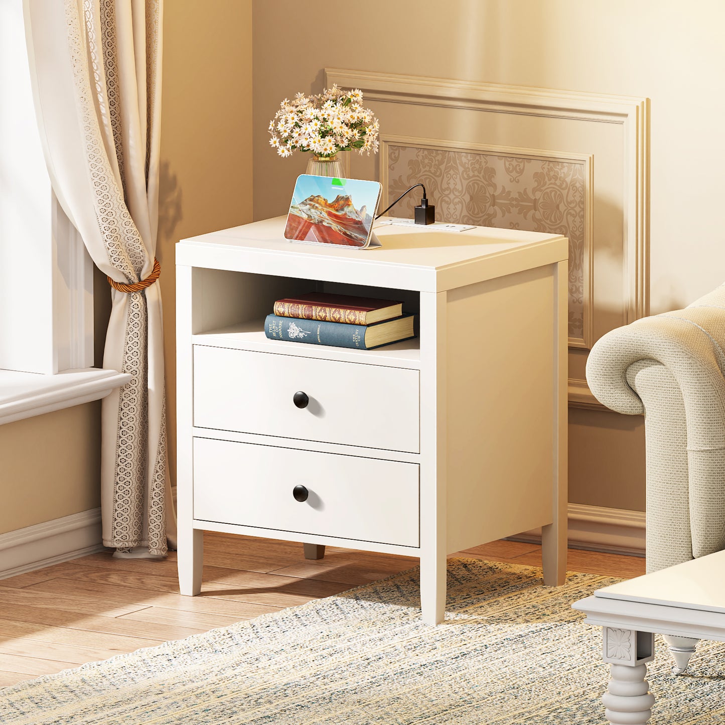 Huuger Night Stand with Charger Station, White Nightstand with 2 Drawers, Bed Side Table with Storage, Modern End Table, Metal Knobs, Painted Surface, for Bedroom